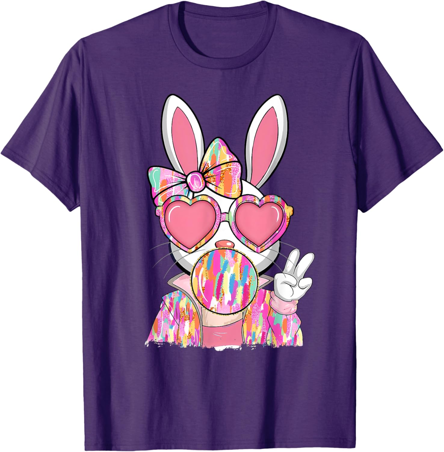 Cute Brushstroke Bunny Blowing Bubble Gum Easter Bow T-Shirt for Kids - 4
