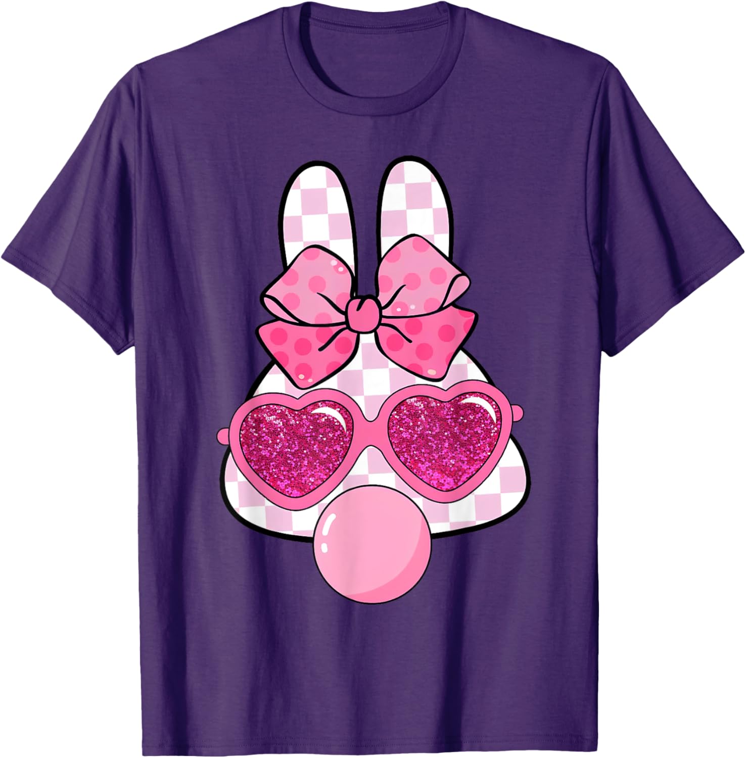 Checkered Bunny with Bubble Gum Coquette Bow Easter T-Shirt for Fun Style - 8
