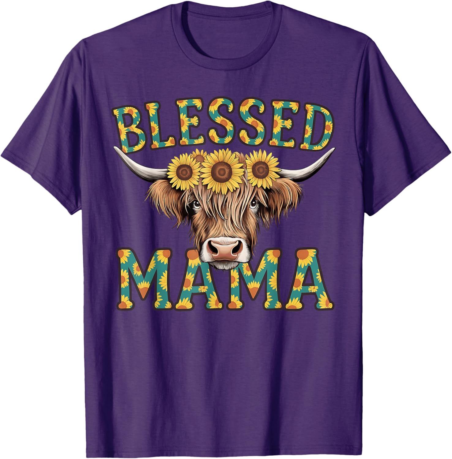 Cute Blessed Mama Highland Cow T-Shirt with Sunflowers for Mother's Day - 2