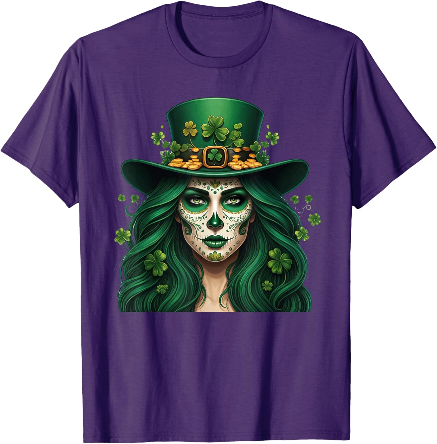 Cute Sugar Skull St Patrick's Day T-Shirt with Shamrock Design for Women - 6
