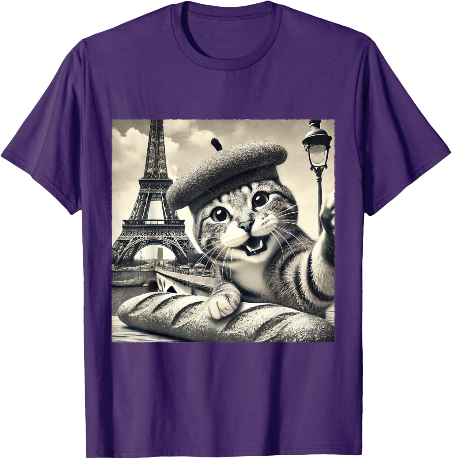 Funny Paris Cat in Beret with Baguette Eiffel Tower T-Shirt for Cat Lovers - 7
