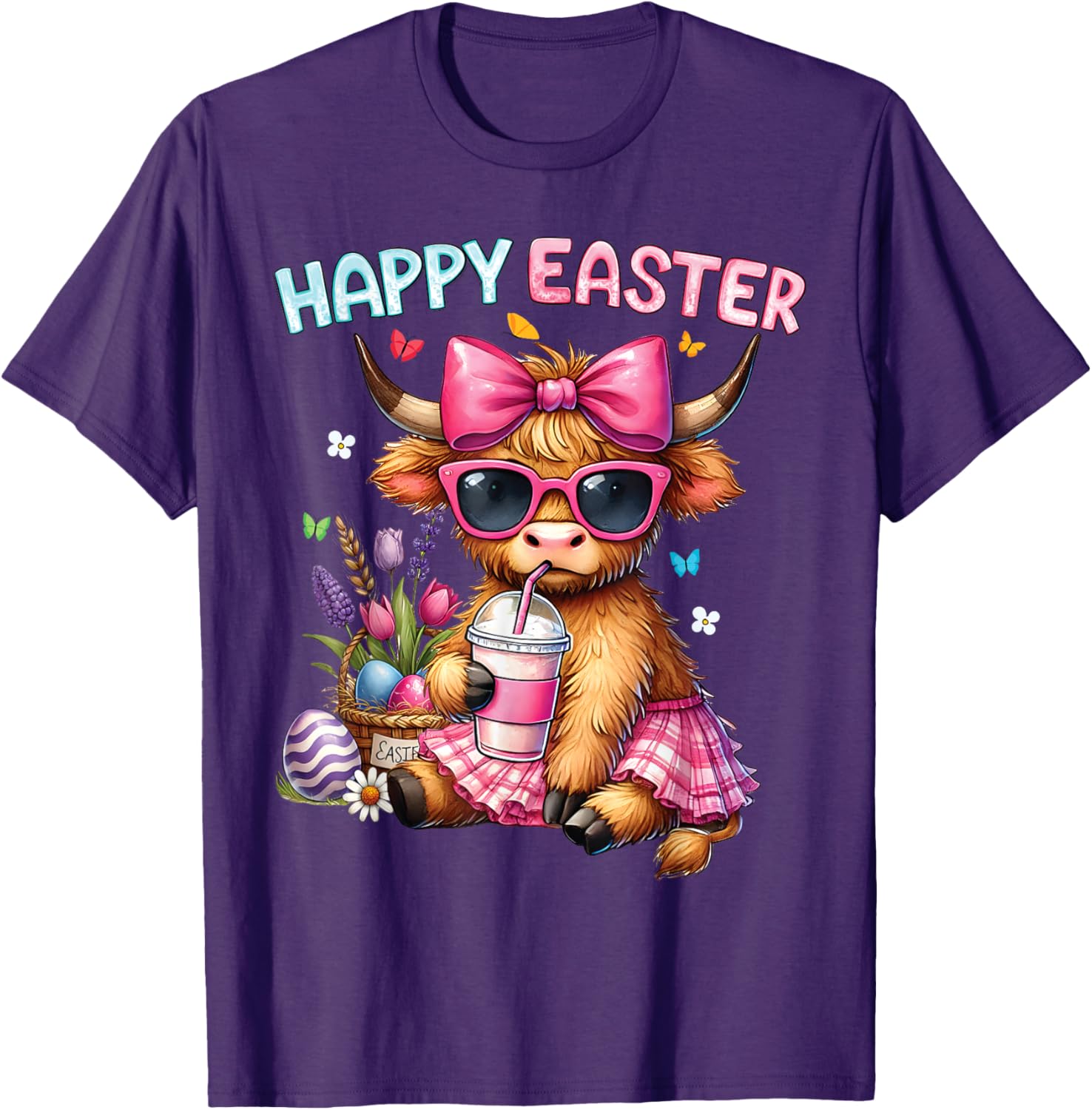 Happy Easter Highland Cow Bunny T-Shirt for Women and Kids - 1