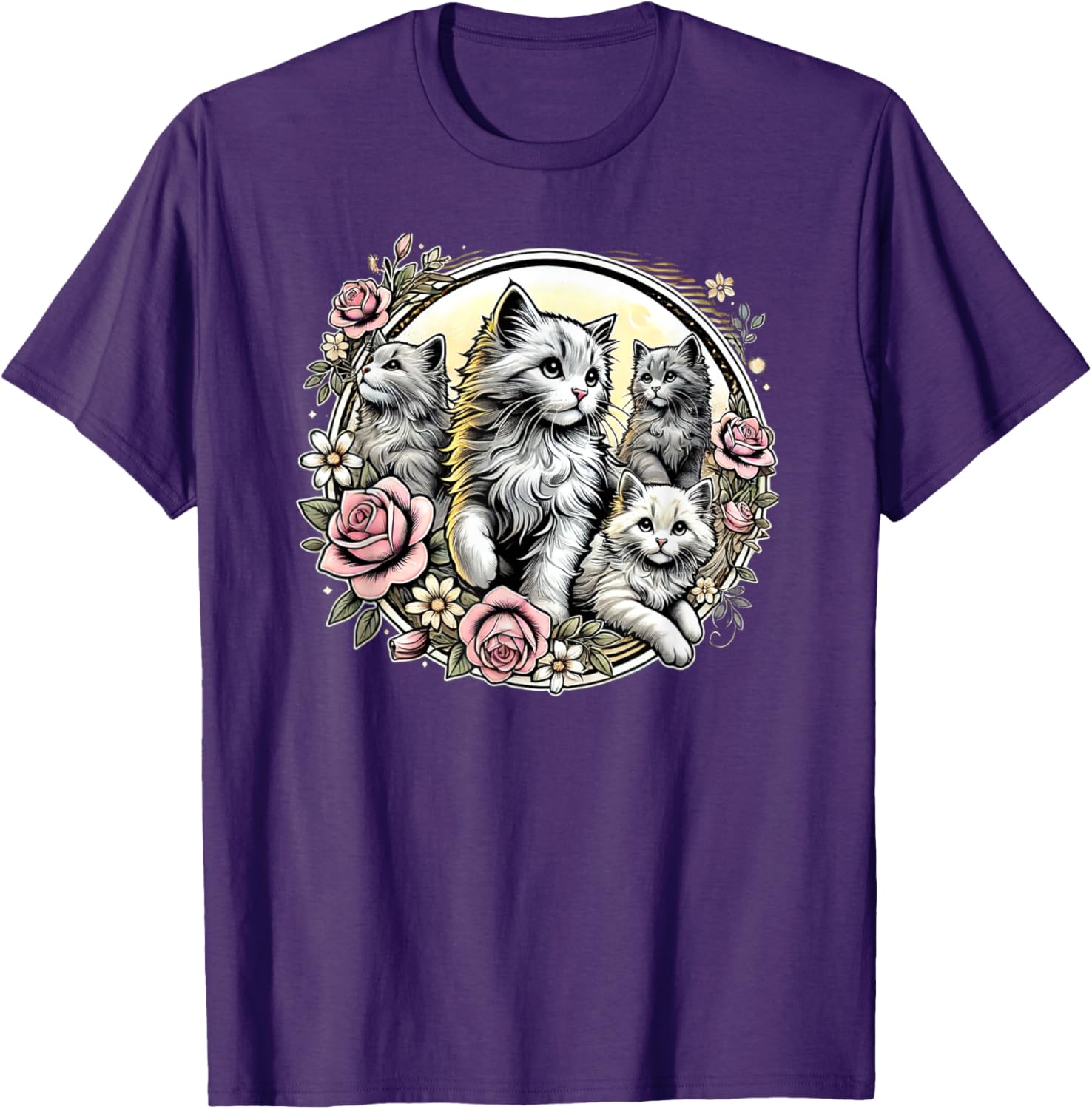 Cute Fluffy Kittens with Vintage Roses T-Shirt for Cat Lovers - 3