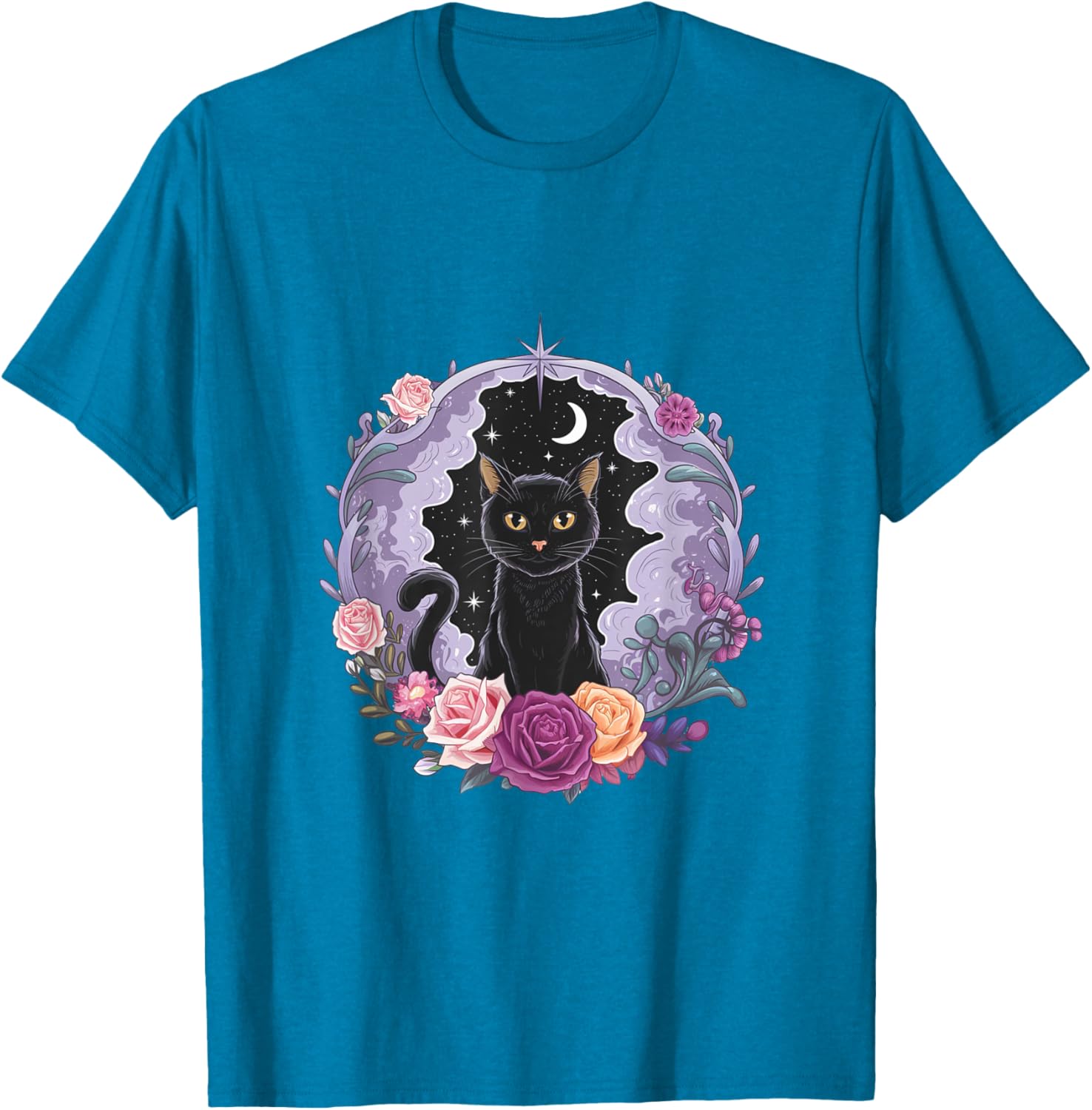 Cute Kawaii Purple Gothic T-Shirt with Black Cat and Moon Crystal Design - 29