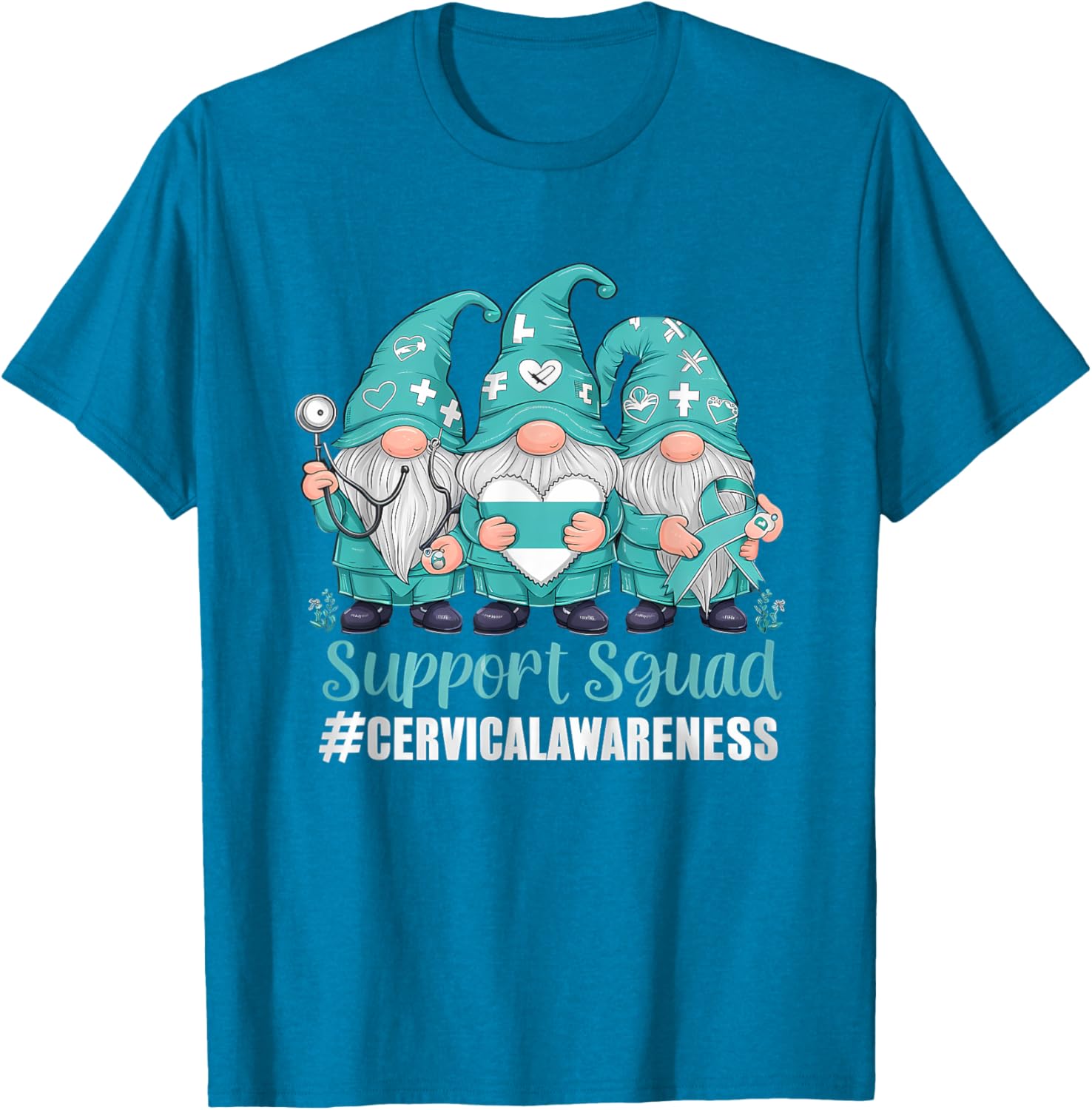 Cervical Cancer Awareness Gnome Teal Ribbon T-Shirt for Supporters - 15