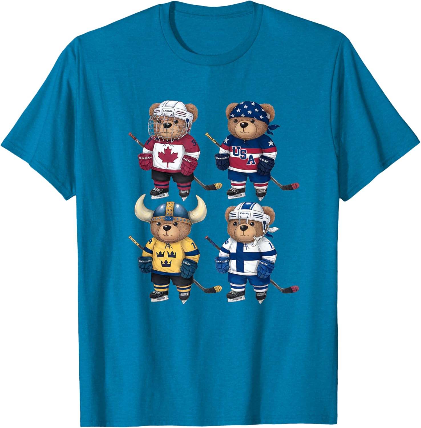 Four Nations Battle Teddy Bear Hockey Player T-Shirt for Fans - 7