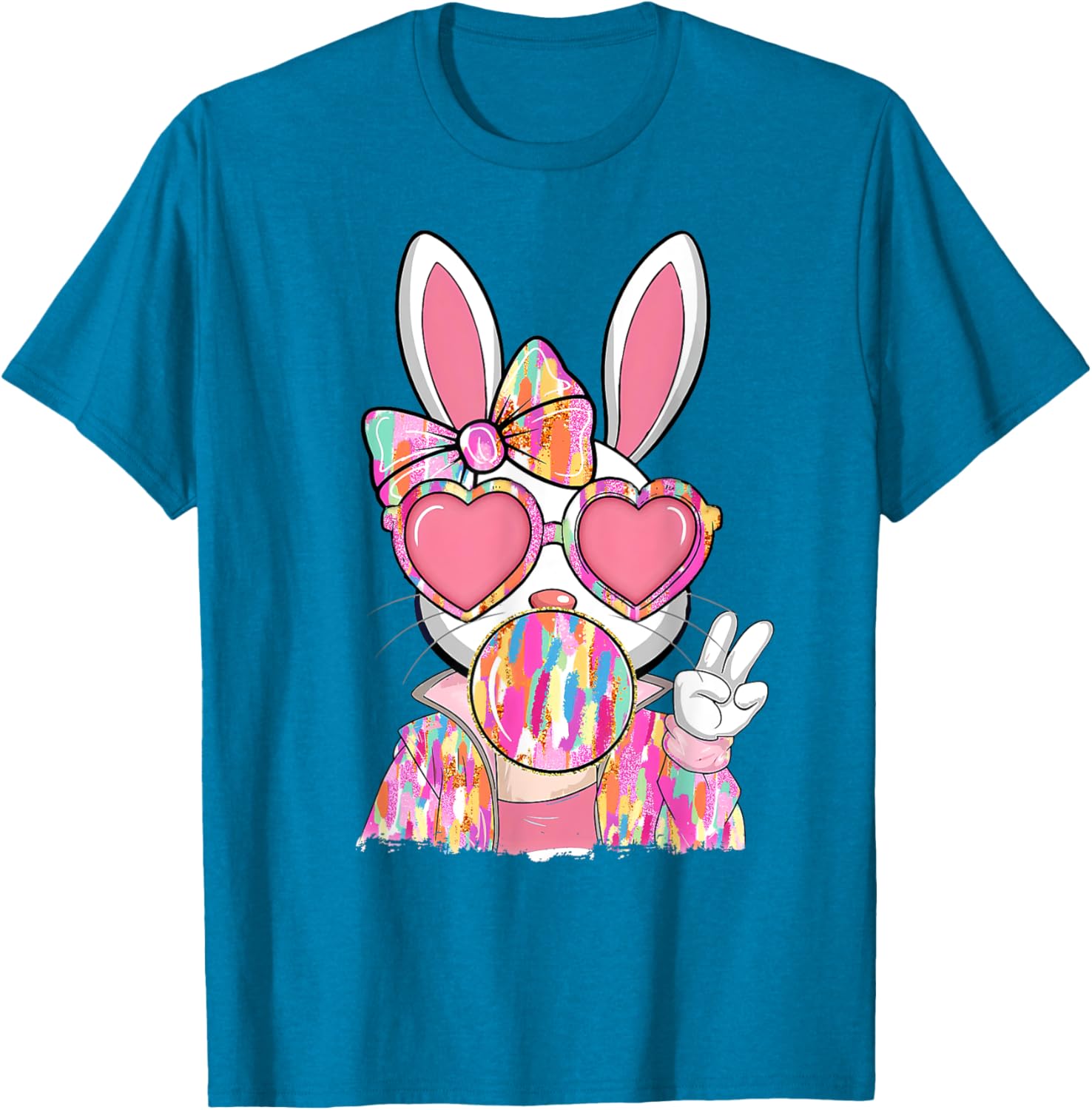Cute Brushstroke Bunny Blowing Bubble Gum Easter Bow T-Shirt for Kids - 3