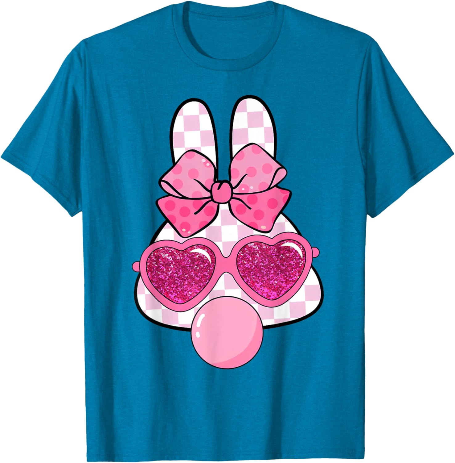 Checkered Bunny with Bubble Gum Coquette Bow Easter T-Shirt for Fun Style - 9