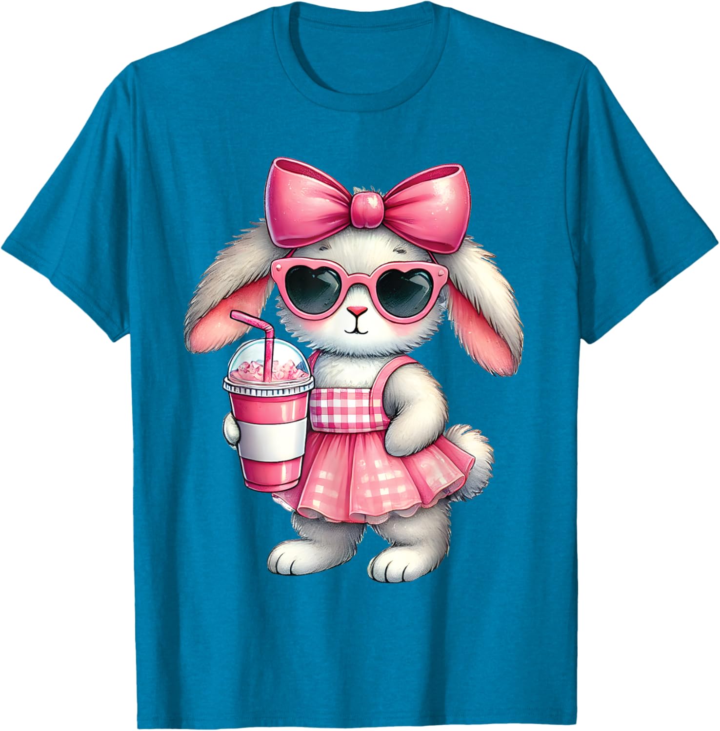 Cute Easter Bunny Drinking Iced Coffee T-Shirt for Women and Girls - 24