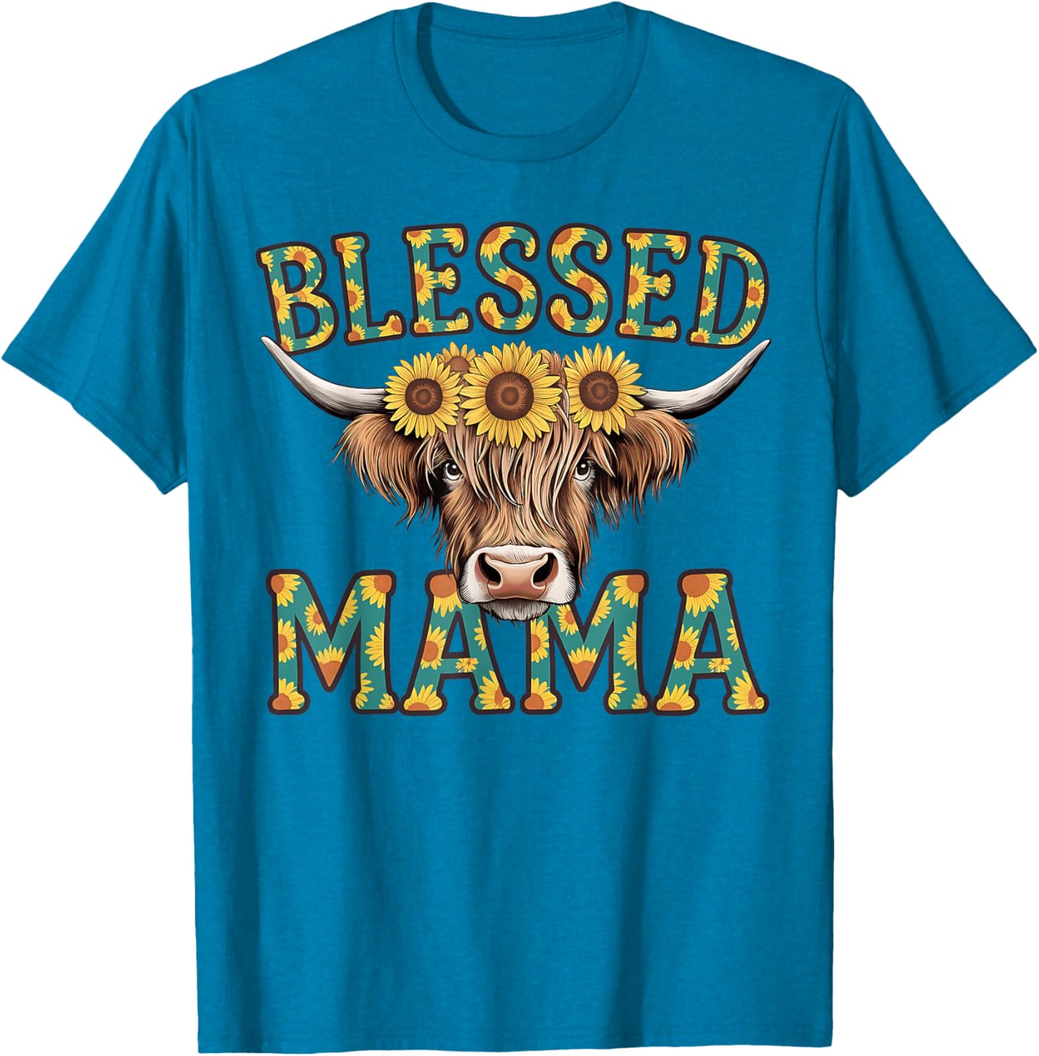 Cute Blessed Mama Highland Cow T-Shirt with Sunflowers for Mother's Day - 5