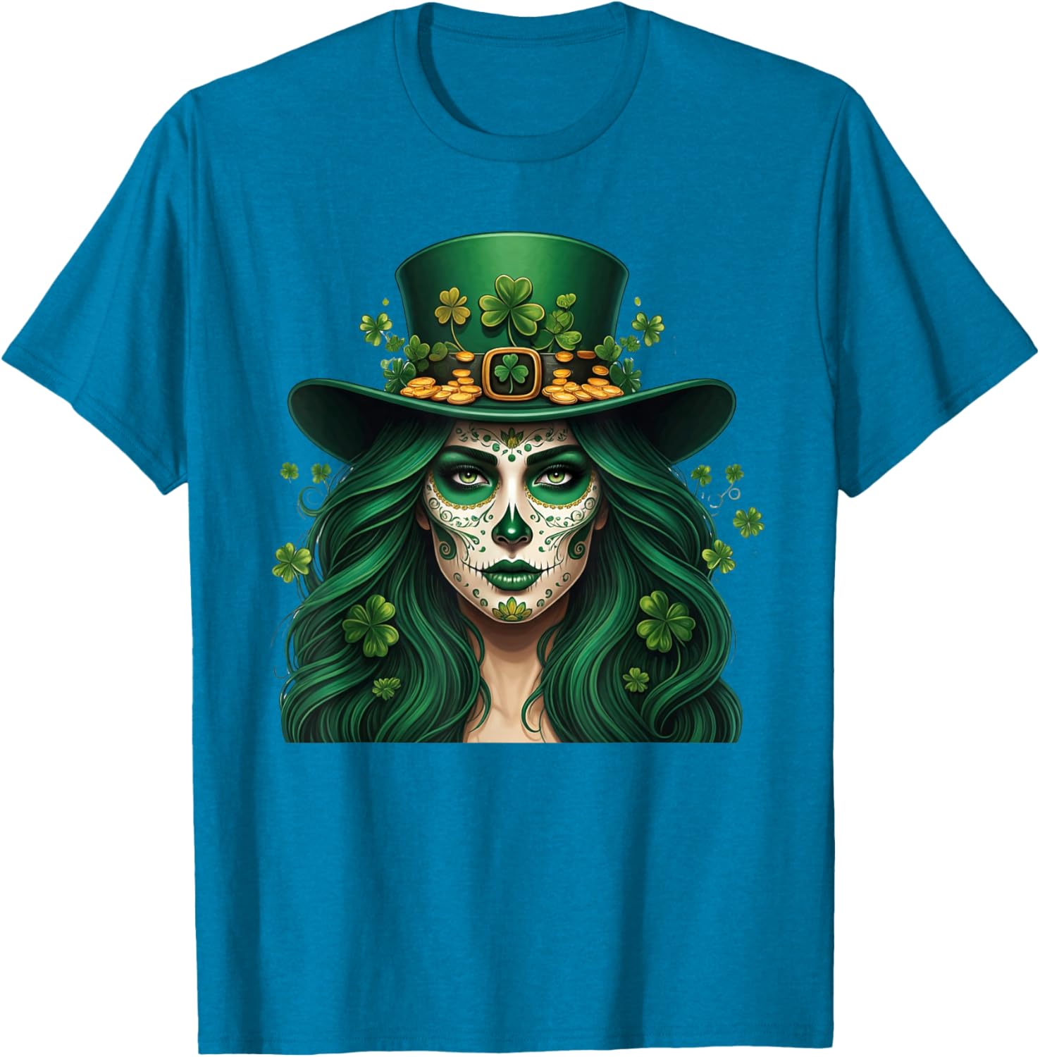 Cute Sugar Skull St Patrick's Day T-Shirt with Shamrock Design for Women - 13