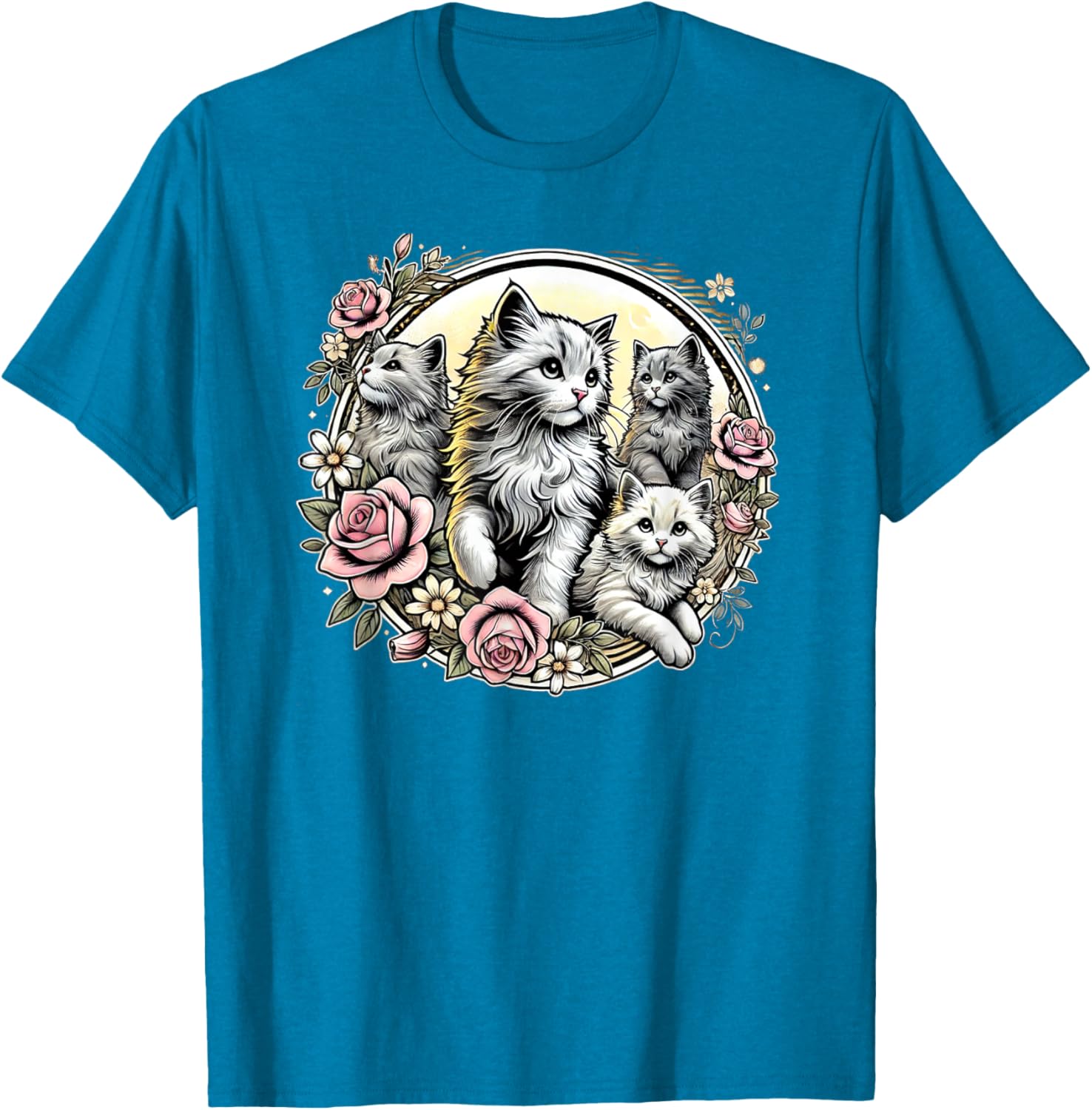 Cute Fluffy Kittens with Vintage Roses T-Shirt for Cat Lovers - 22
