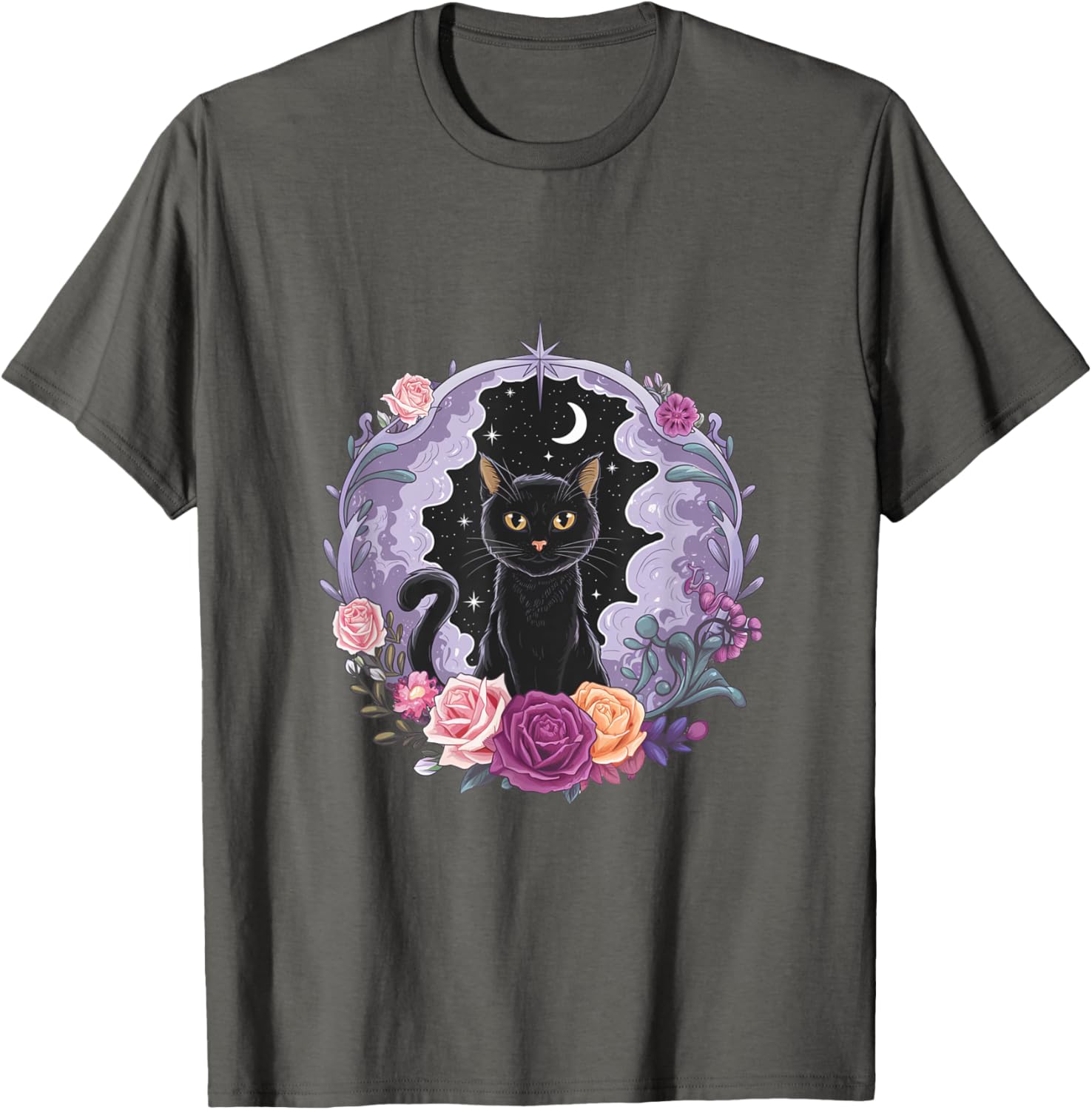 Cute Kawaii Purple Gothic T-Shirt with Black Cat and Moon Crystal Design - 18