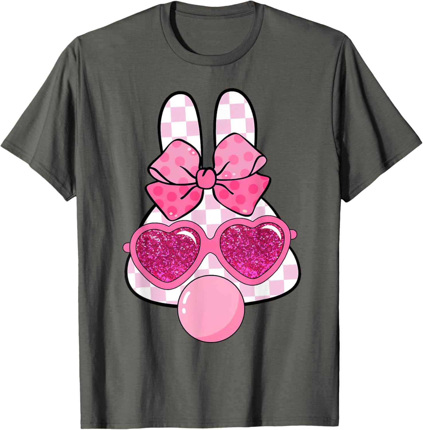 Checkered Bunny with Bubble Gum Coquette Bow Easter T-Shirt for Fun Style - 23