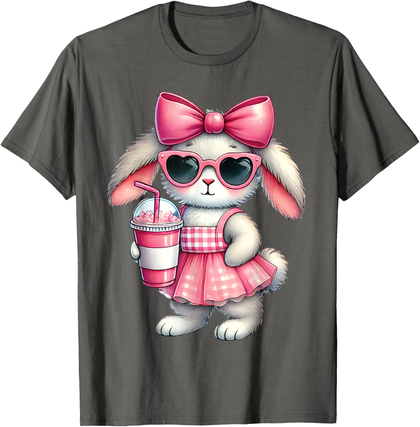 Cute Easter Bunny Drinking Iced Coffee T-Shirt for Women and Girls - 19