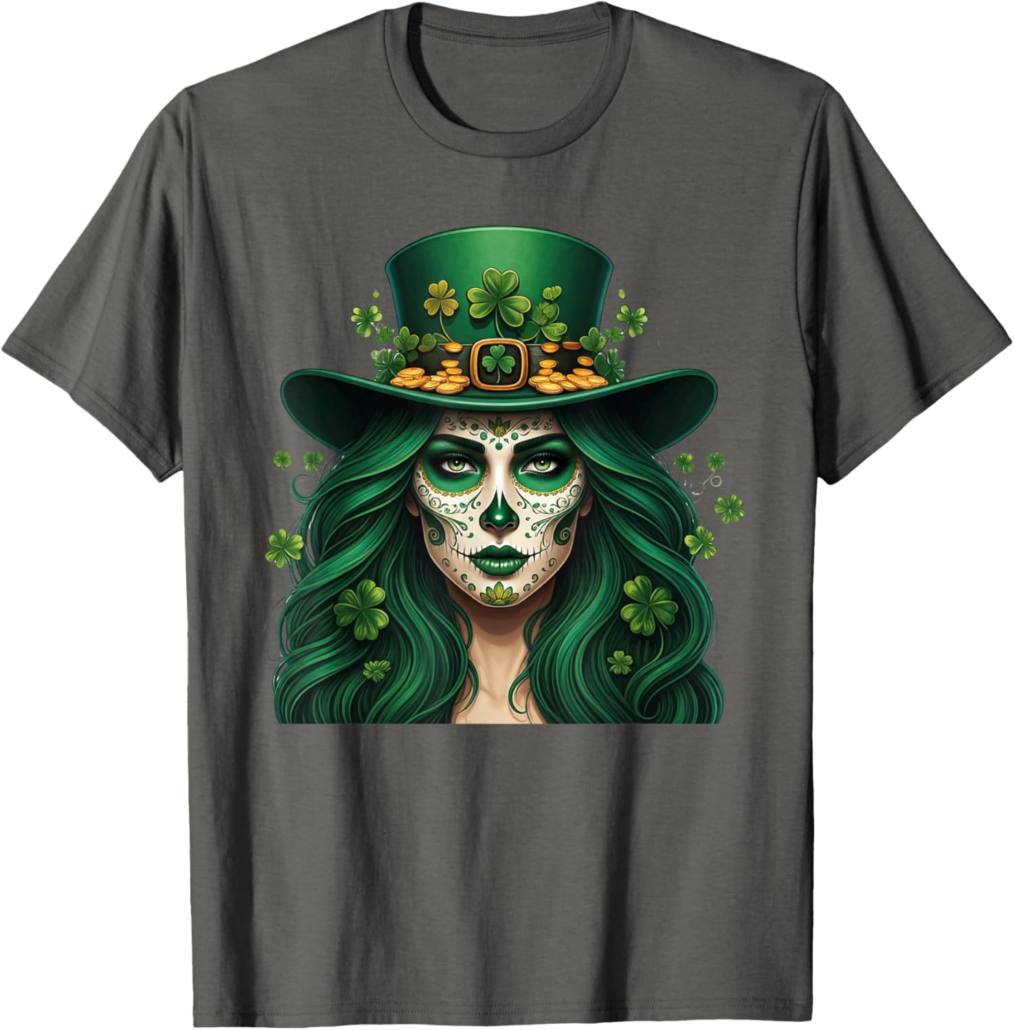 Cute Sugar Skull St Patrick's Day T-Shirt with Shamrock Design for Women - 10