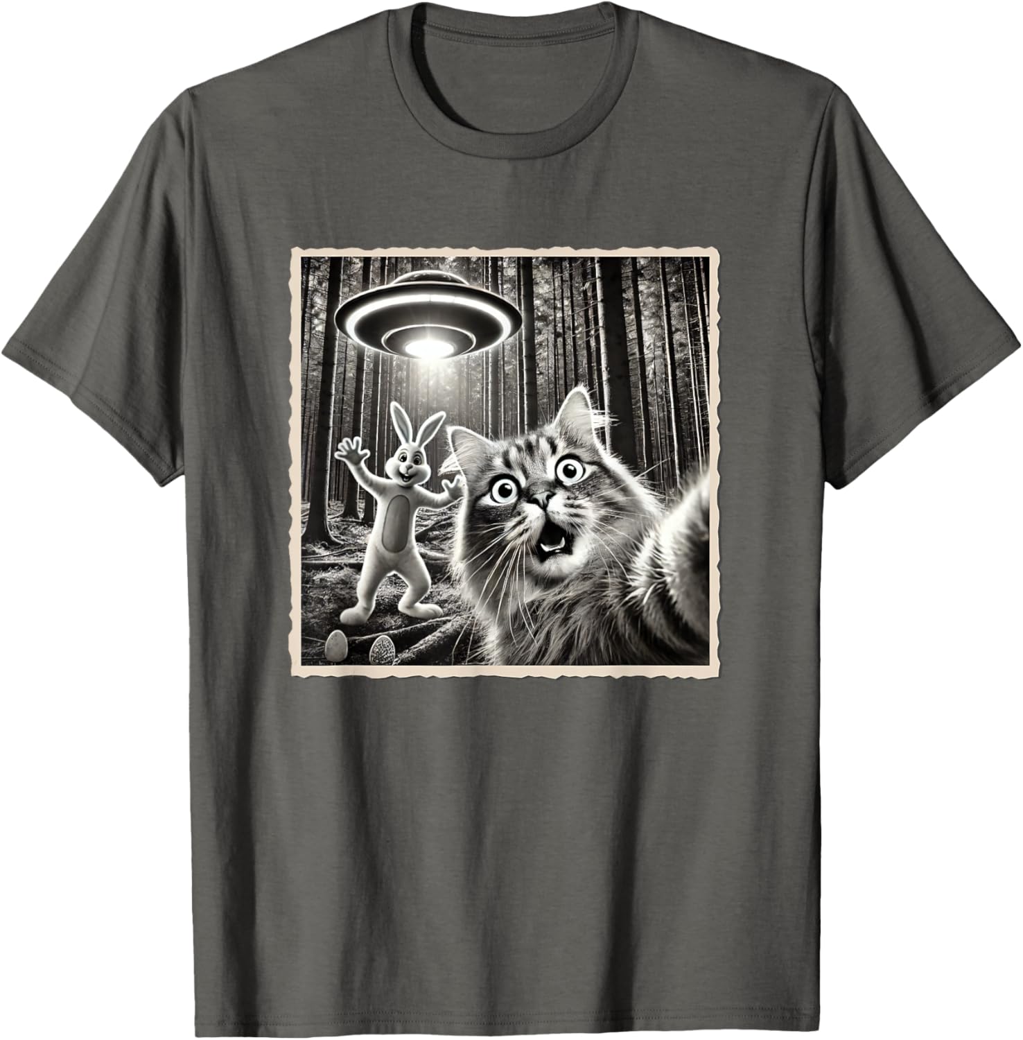 Funny Easter Bunny T-Shirt with Cat and UFO Selfie Design for Kids - 1