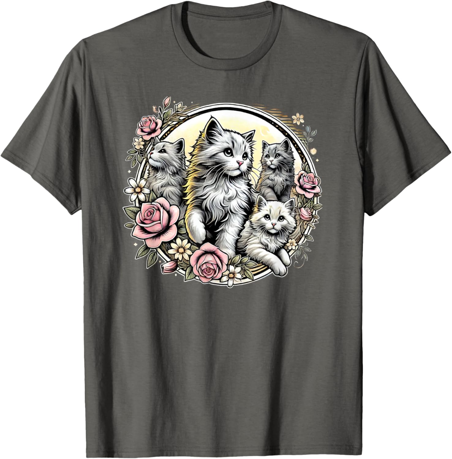 Cute Fluffy Kittens with Vintage Roses T-Shirt for Cat Lovers - 15