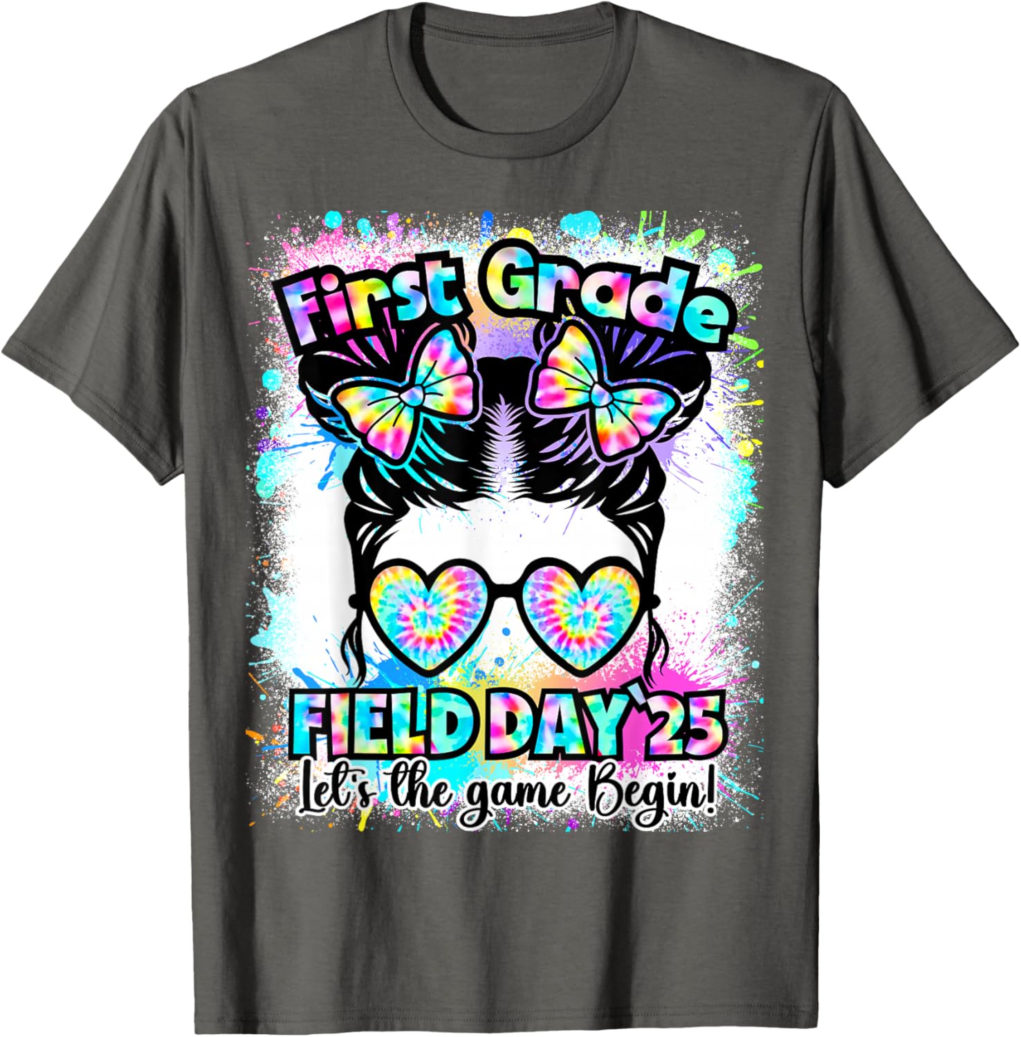 First Grade Field Day 2025 Messy Bun Teacher Kids T-Shirt Fun Design - 1