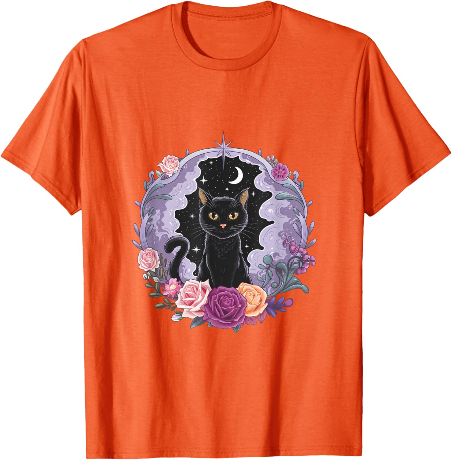 Cute Kawaii Purple Gothic T-Shirt with Black Cat and Moon Crystal Design - 15