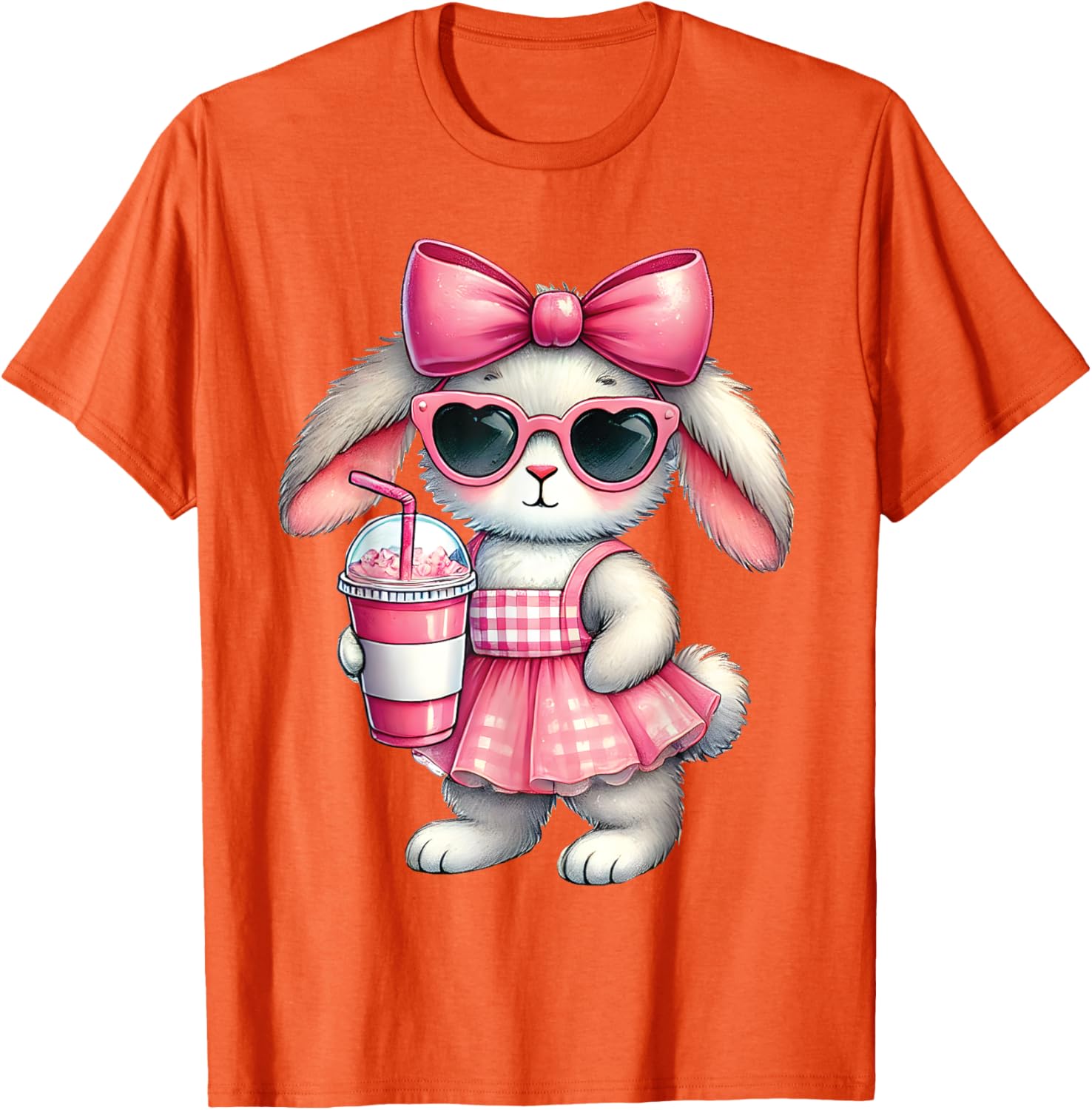 Cute Easter Bunny Drinking Iced Coffee T-Shirt for Women and Girls - 1