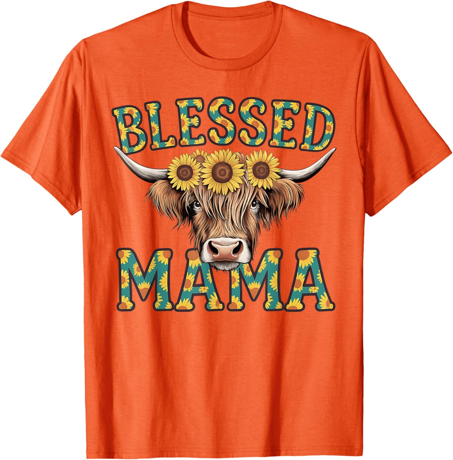 Cute Blessed Mama Highland Cow T-Shirt with Sunflowers for Mother's Day - 12