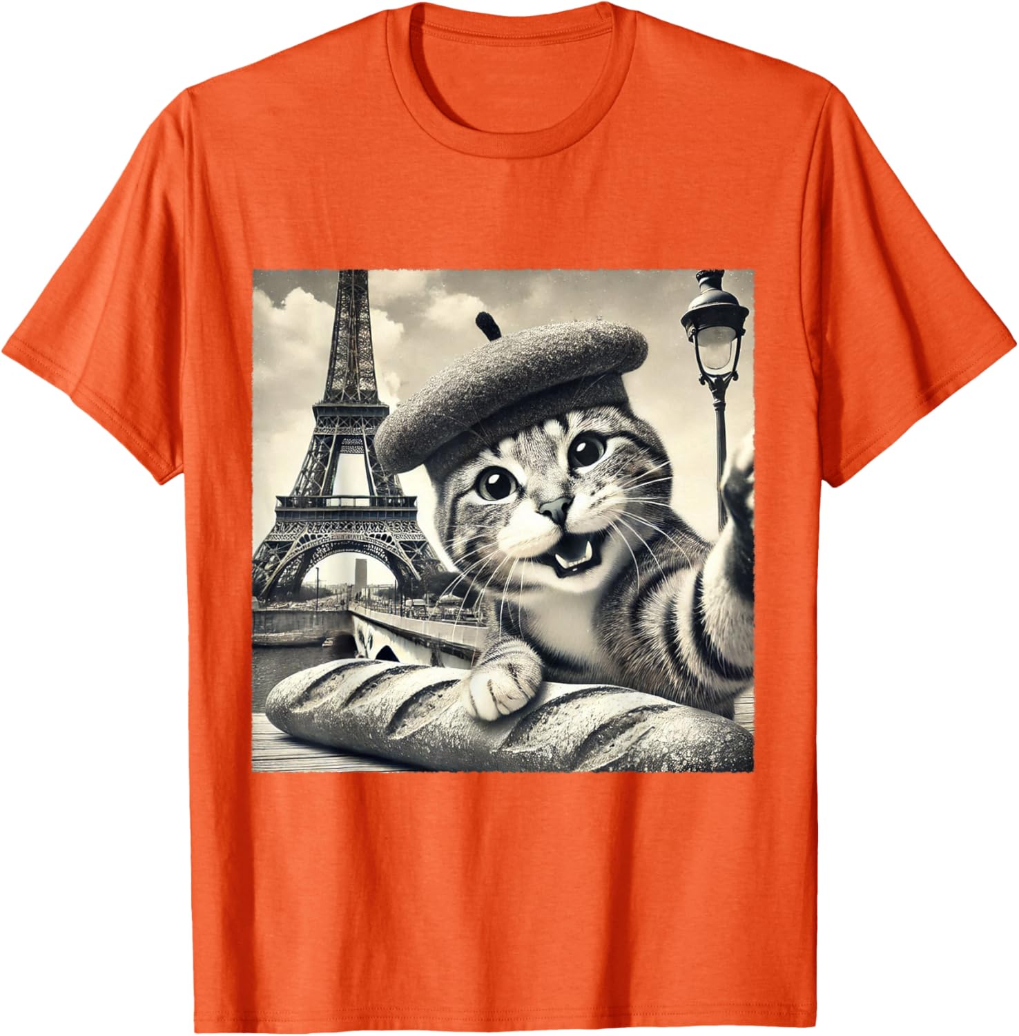 Funny Paris Cat in Beret with Baguette Eiffel Tower T-Shirt for Cat Lovers - 13