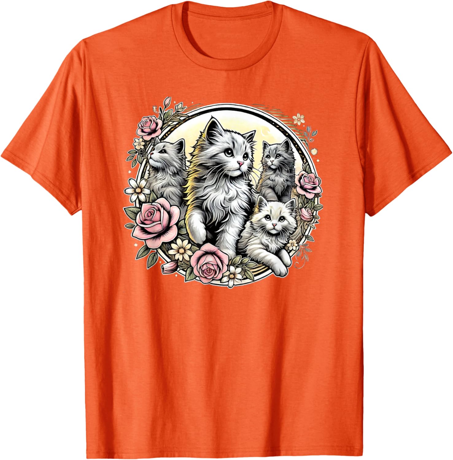 Cute Fluffy Kittens with Vintage Roses T-Shirt for Cat Lovers - 8