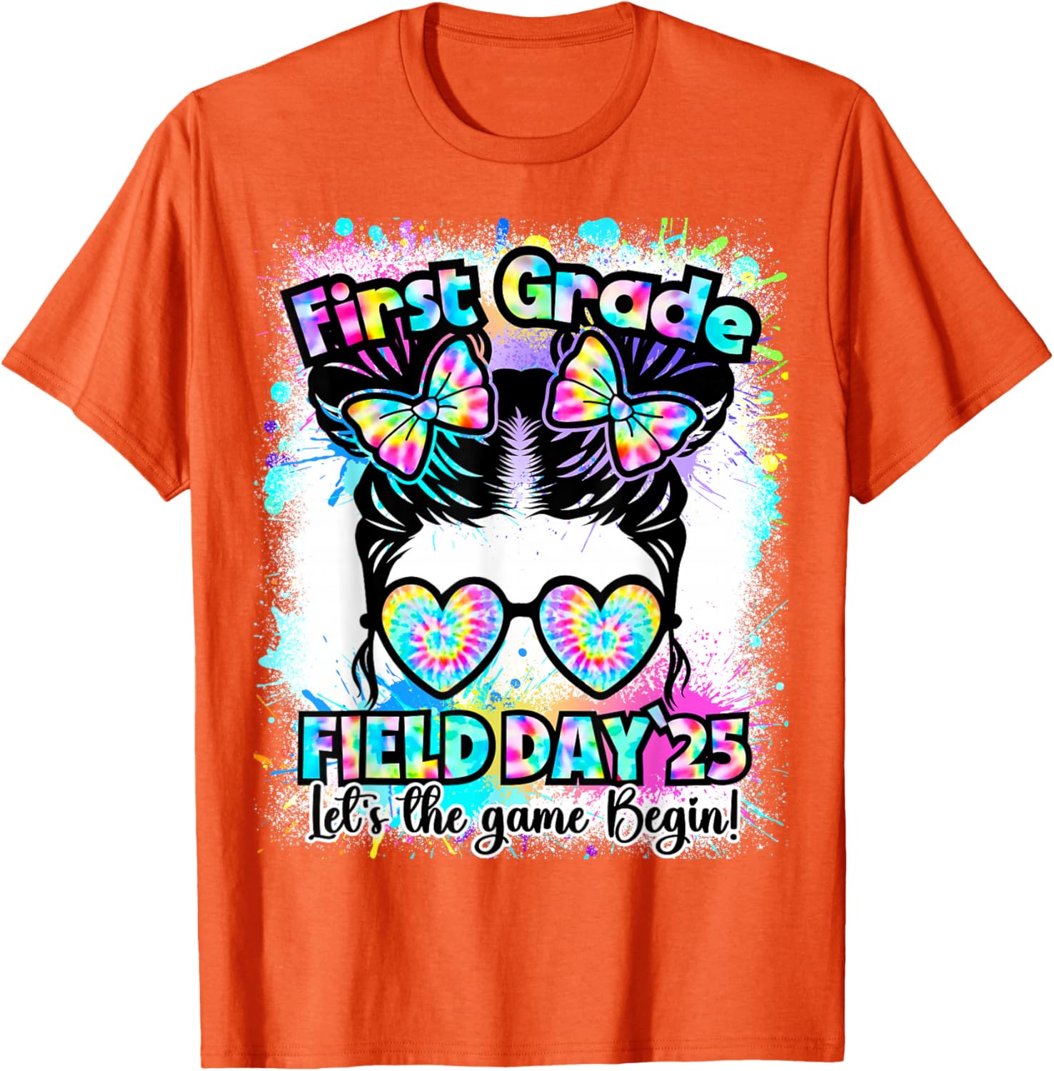 First Grade Field Day 2025 Messy Bun Teacher Kids T-Shirt Fun Design - 23