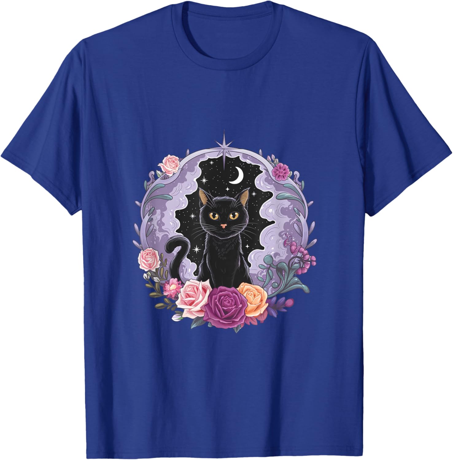Cute Kawaii Purple Gothic T-Shirt with Black Cat and Moon Crystal Design - 8