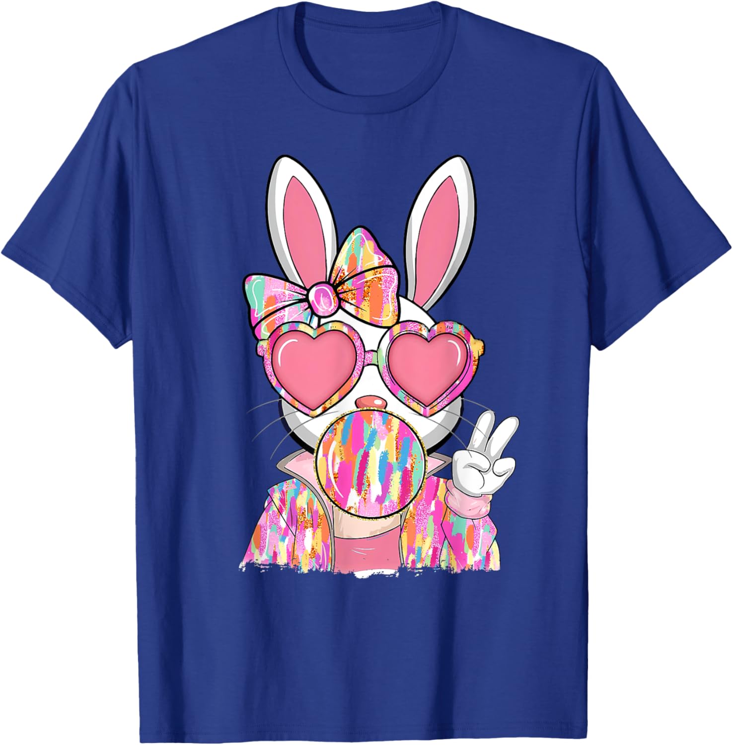 Cute Brushstroke Bunny Blowing Bubble Gum Easter Bow T-Shirt for Kids - 15