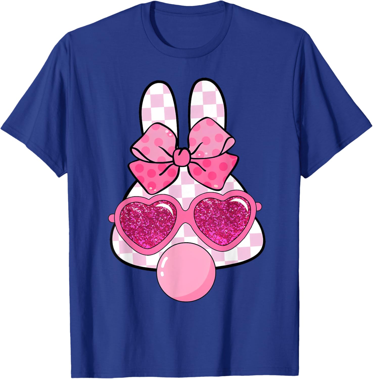 Checkered Bunny with Bubble Gum Coquette Bow Easter T-Shirt for Fun Style - 22