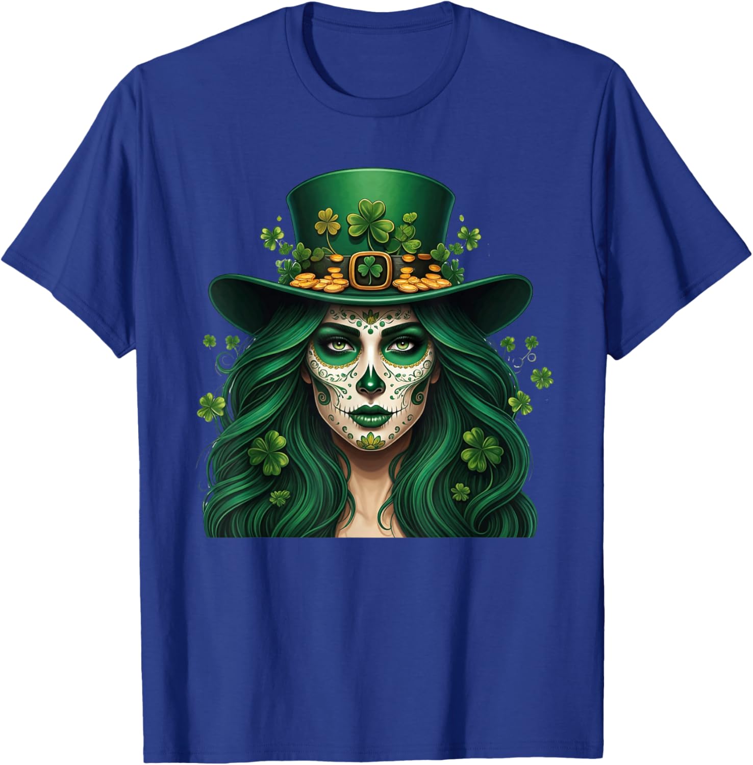 Cute Sugar Skull St Patrick's Day T-Shirt with Shamrock Design for Women - 4