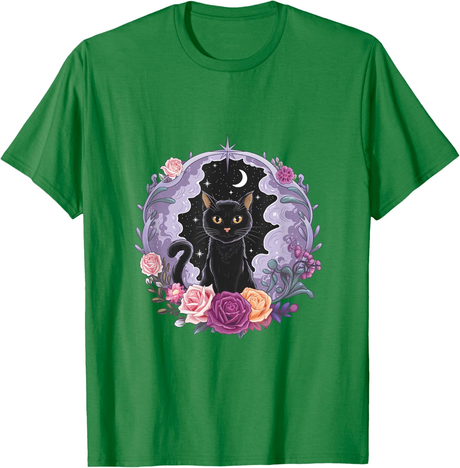 Cute Kawaii Purple Gothic T-Shirt with Black Cat and Moon Crystal Design - 23