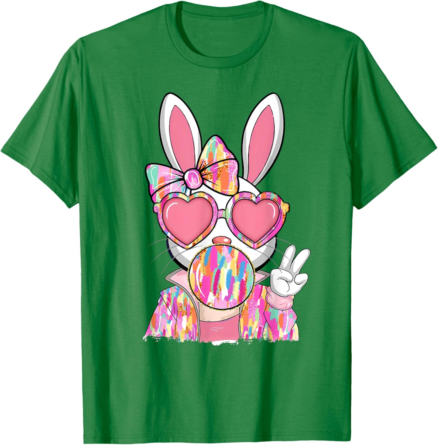 Cute Brushstroke Bunny Blowing Bubble Gum Easter Bow T-Shirt for Kids - 7