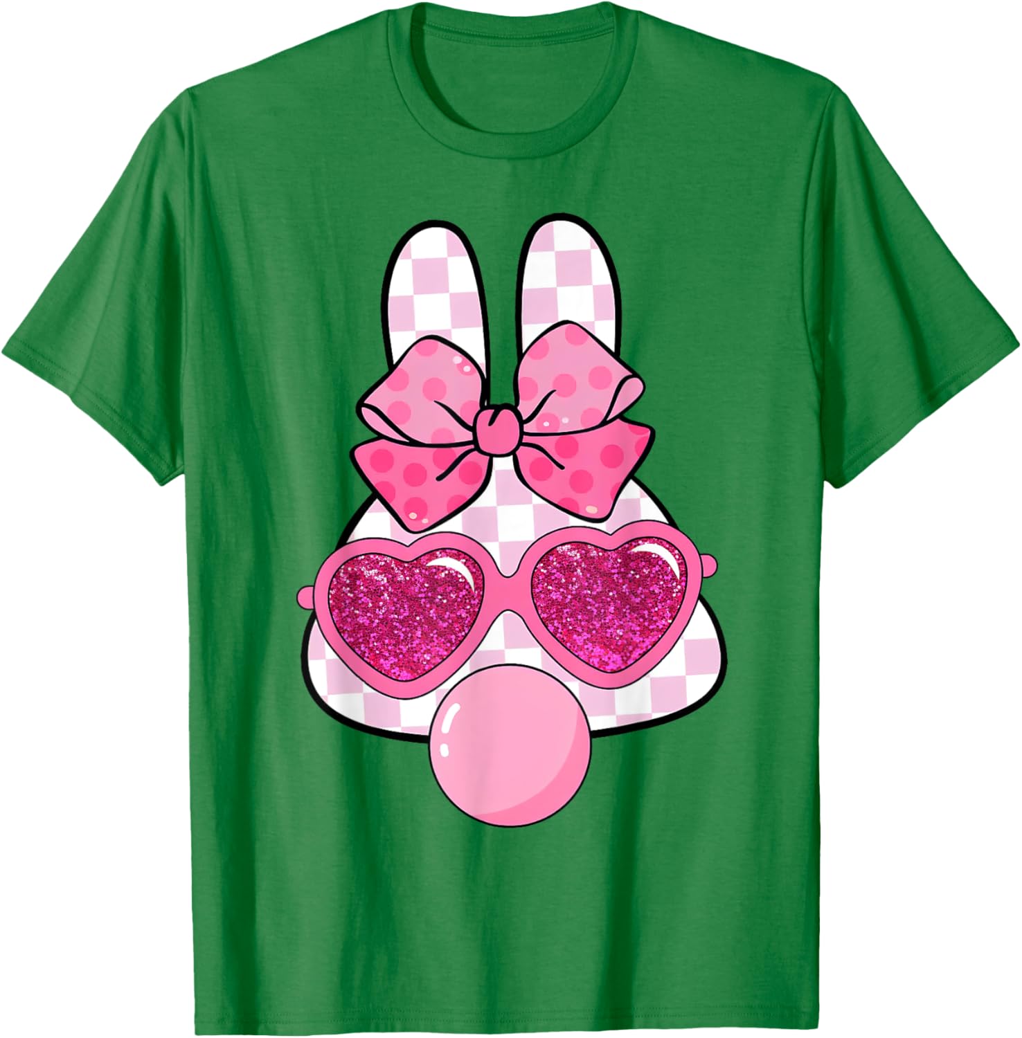 Checkered Bunny with Bubble Gum Coquette Bow Easter T-Shirt for Fun Style - 18