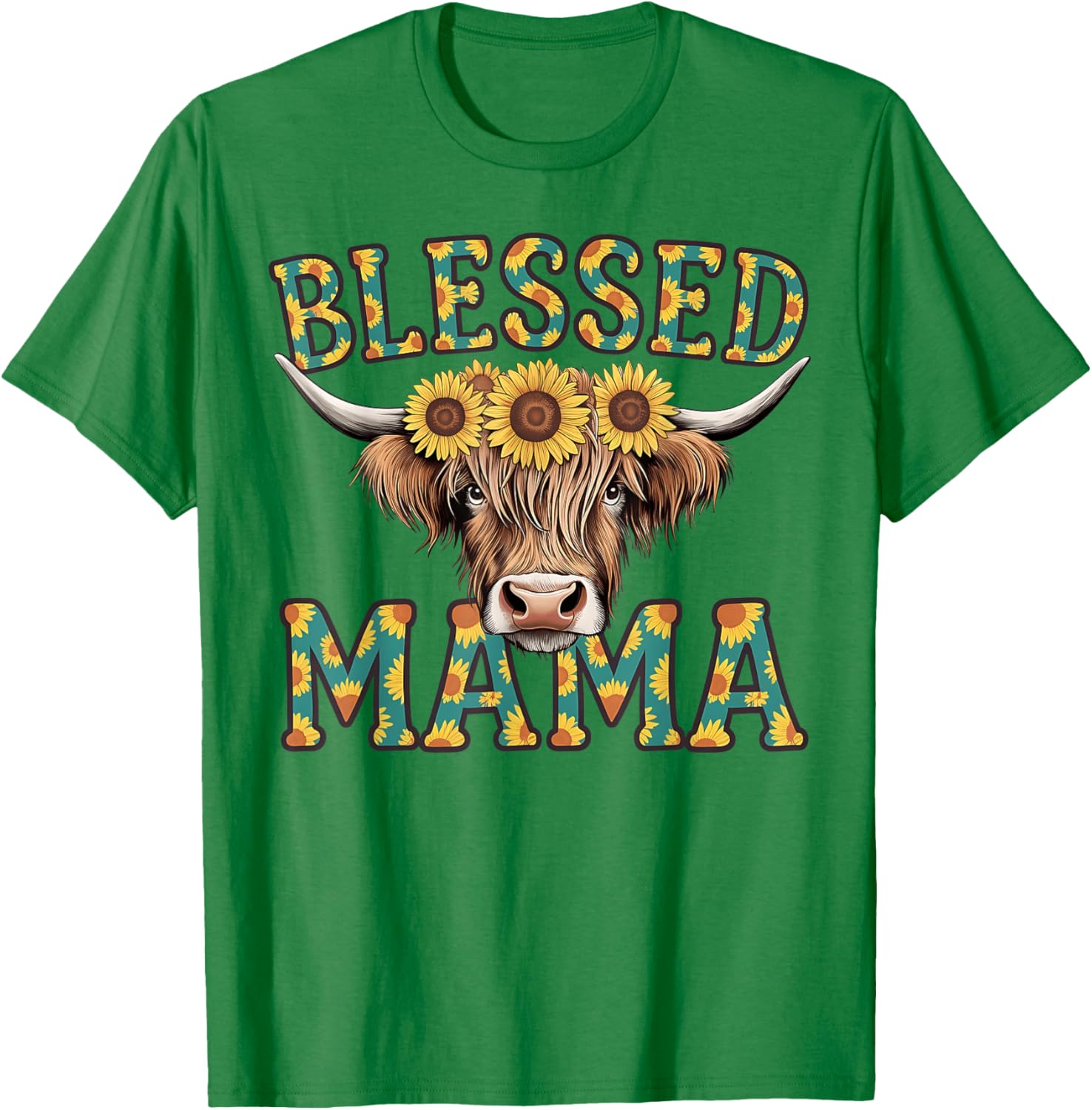 Cute Blessed Mama Highland Cow T-Shirt with Sunflowers for Mother's Day - 25