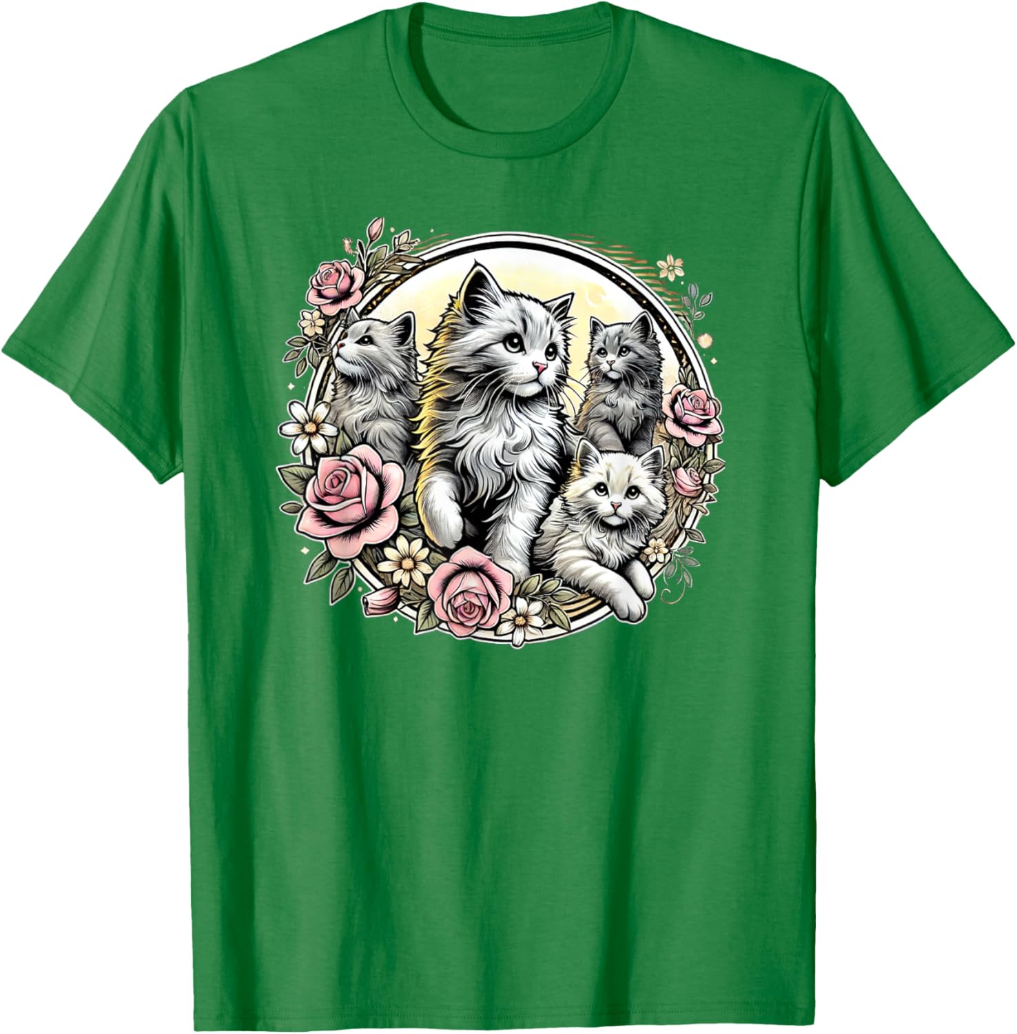 Cute Fluffy Kittens with Vintage Roses T-Shirt for Cat Lovers - 4