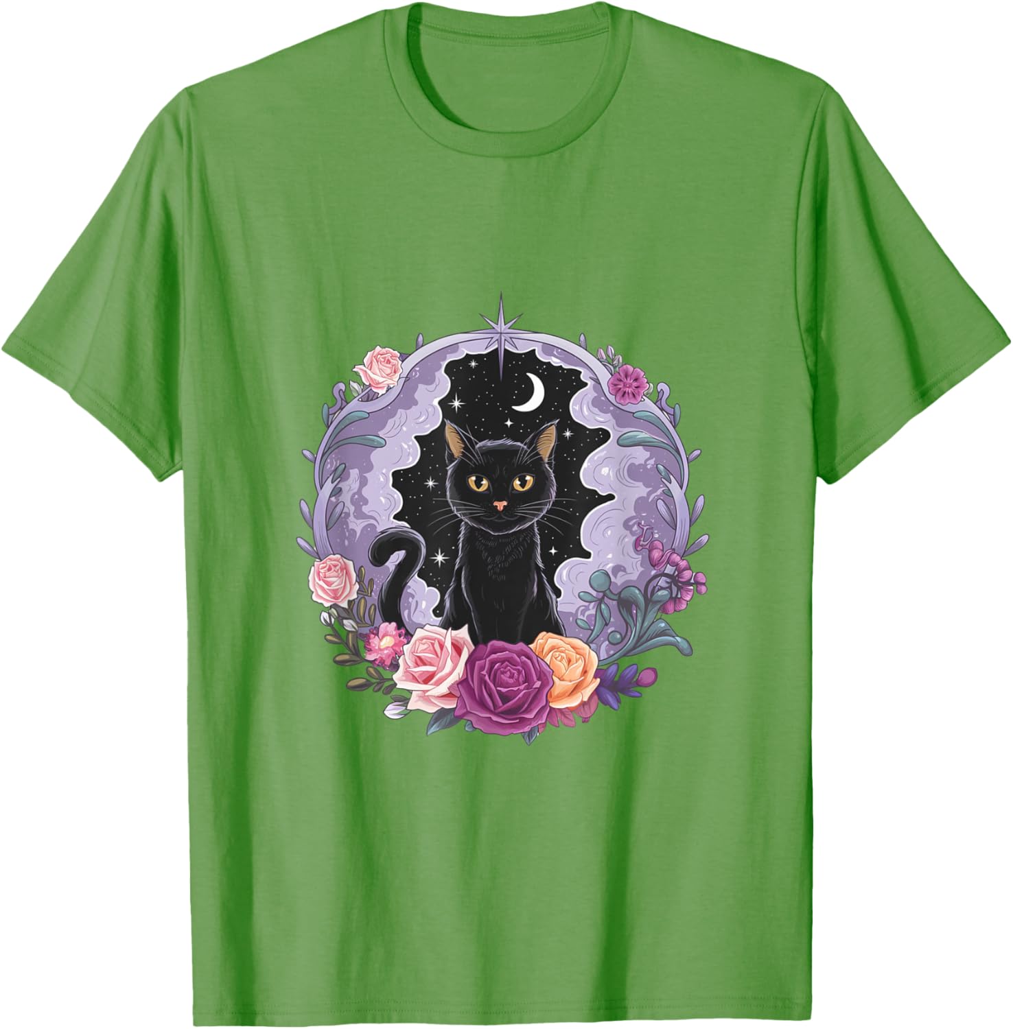 Cute Kawaii Purple Gothic T-Shirt with Black Cat and Moon Crystal Design - 4