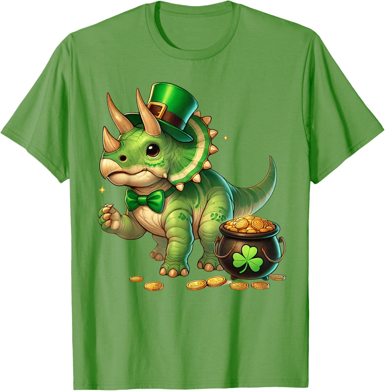Cute Triceratops Leprechaun St Patrick's Day Kids T-Shirt with Shamrock - 5
