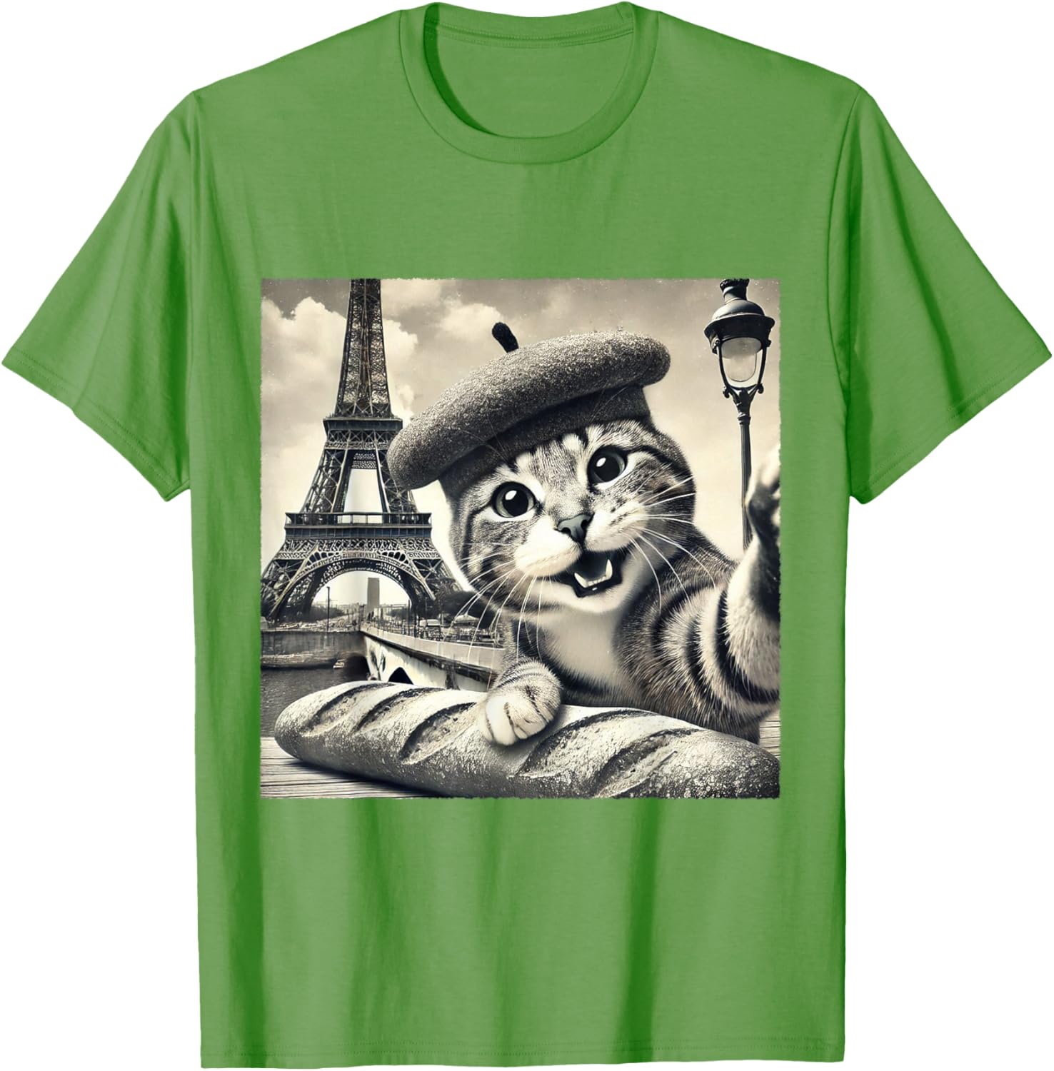 Funny Paris Cat in Beret with Baguette Eiffel Tower T-Shirt for Cat Lovers - 22