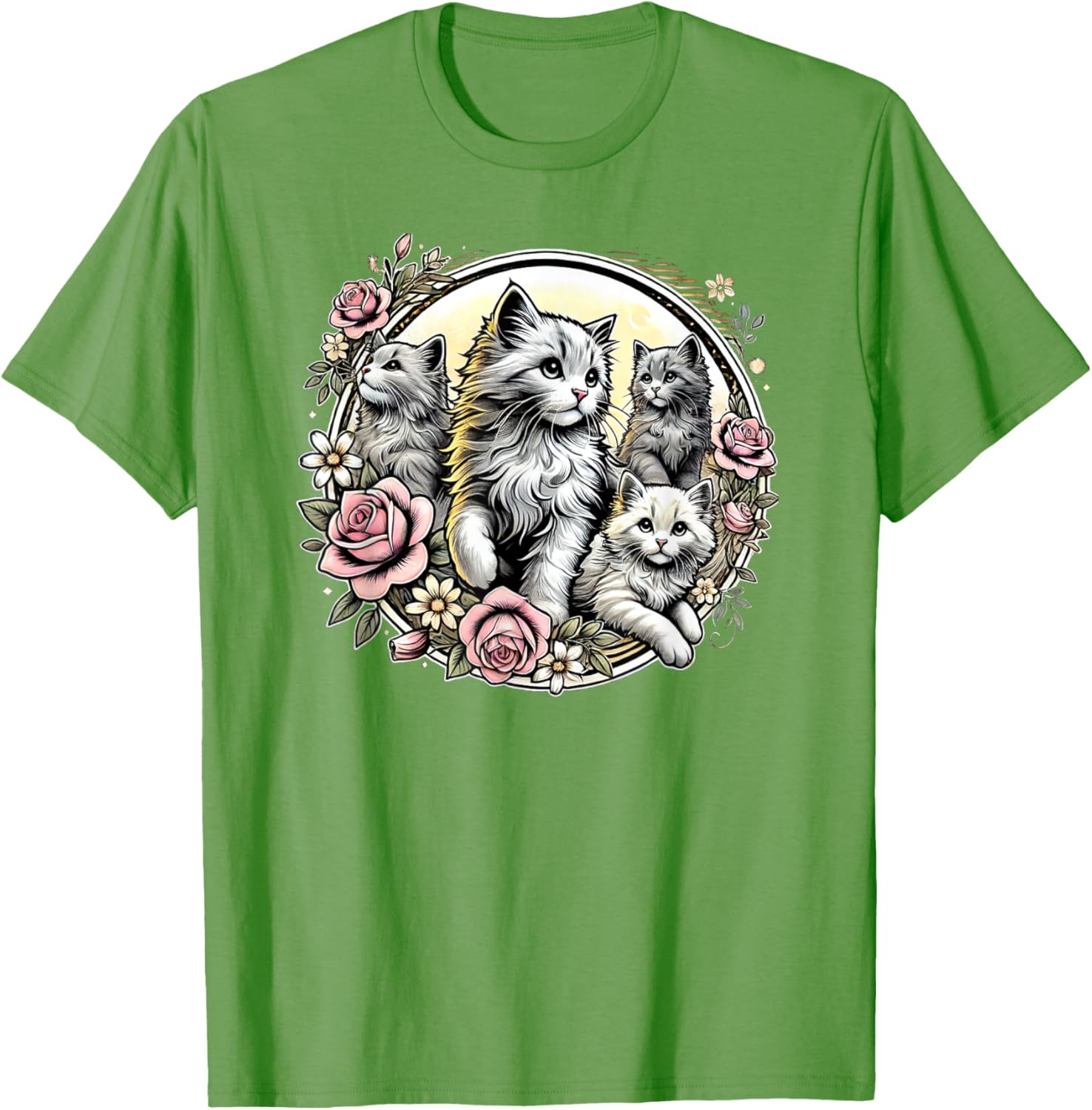 Cute Fluffy Kittens with Vintage Roses T-Shirt for Cat Lovers - 19