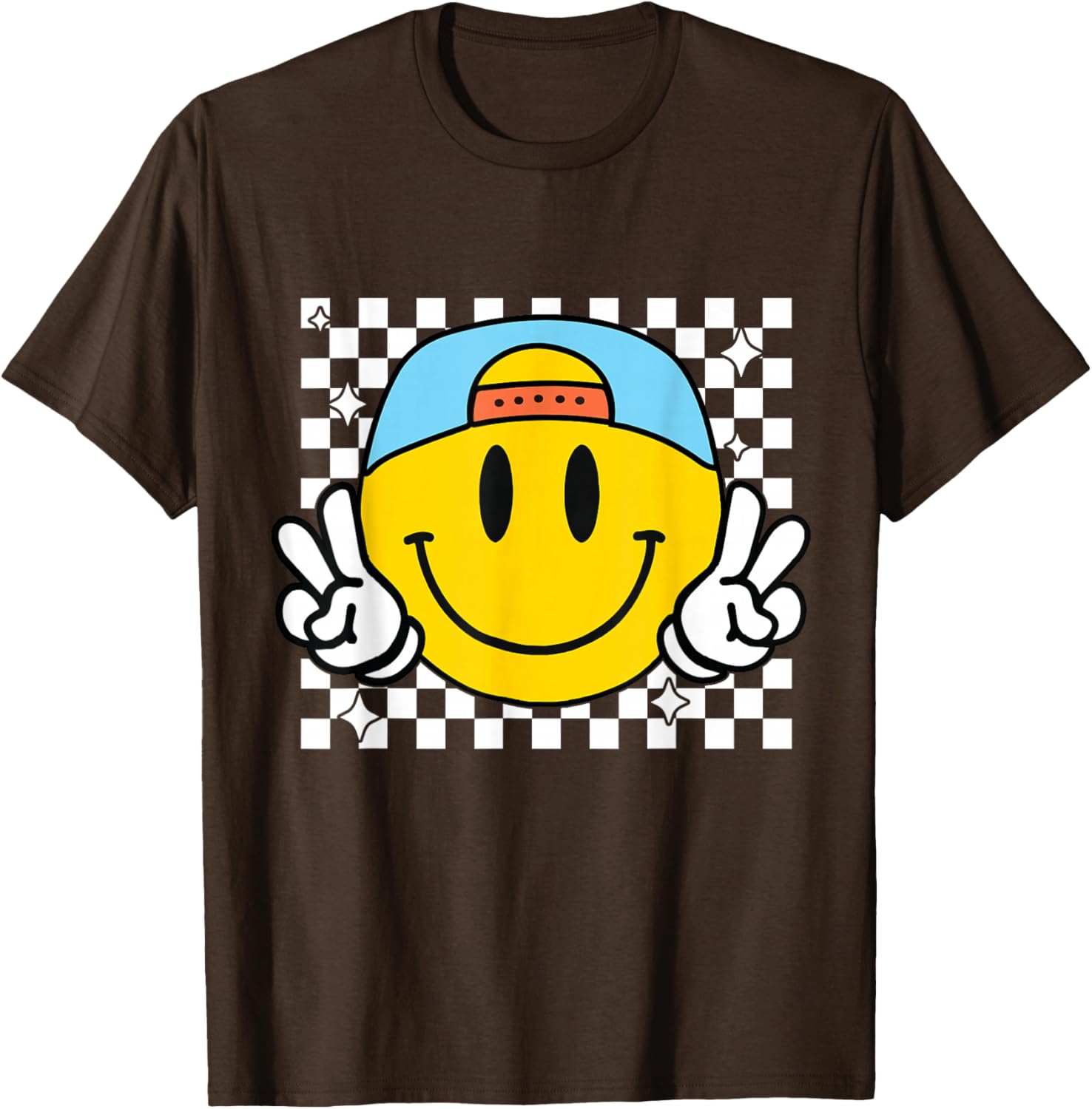 Cute Yellow Smile Face Checkered T-Shirt for Happy Vibes and Style - 9
