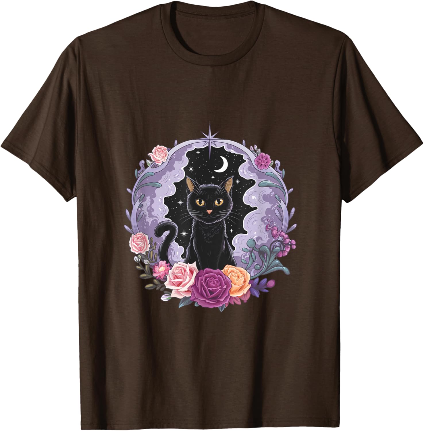 Cute Kawaii Purple Gothic T-Shirt with Black Cat and Moon Crystal Design - 9