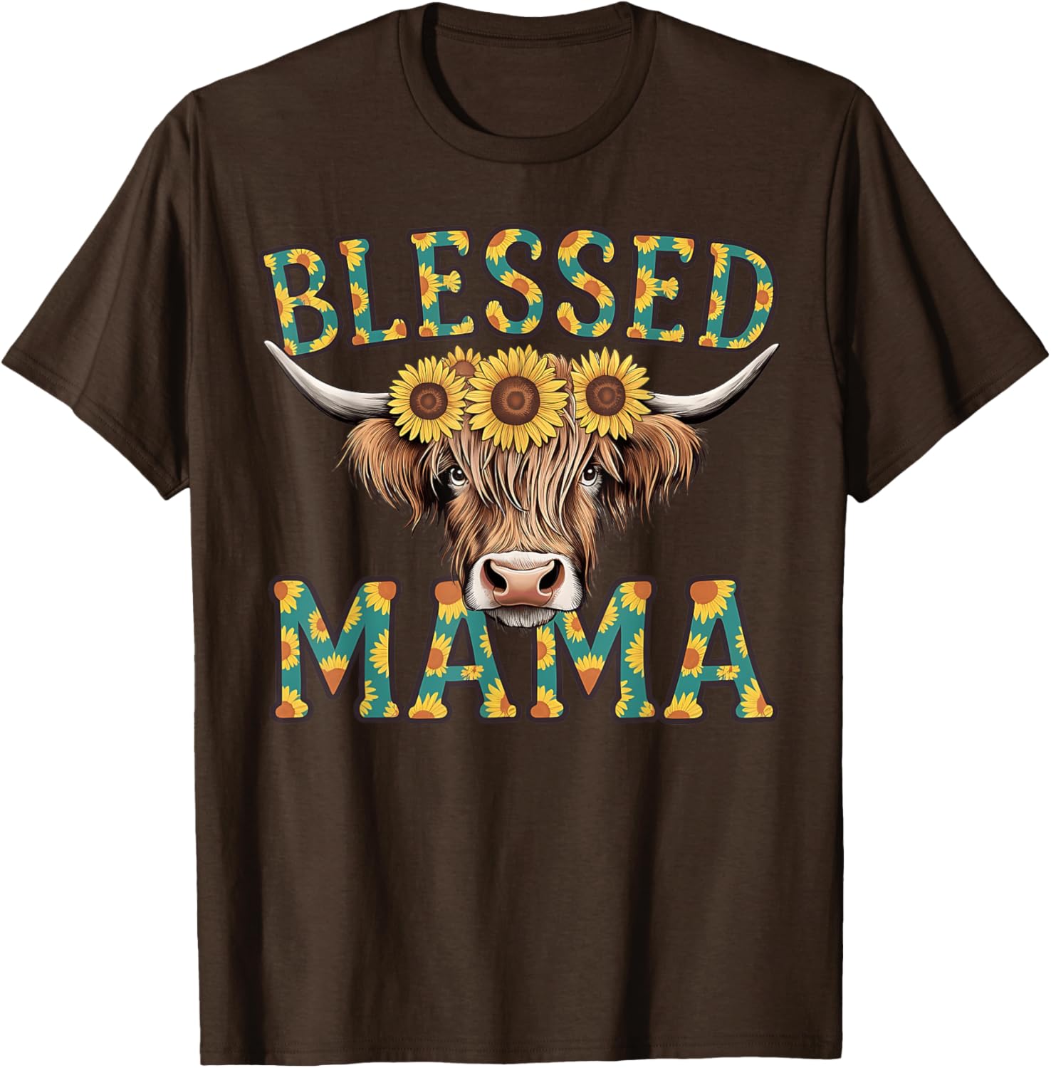 Cute Blessed Mama Highland Cow T-Shirt with Sunflowers for Mother's Day - 7