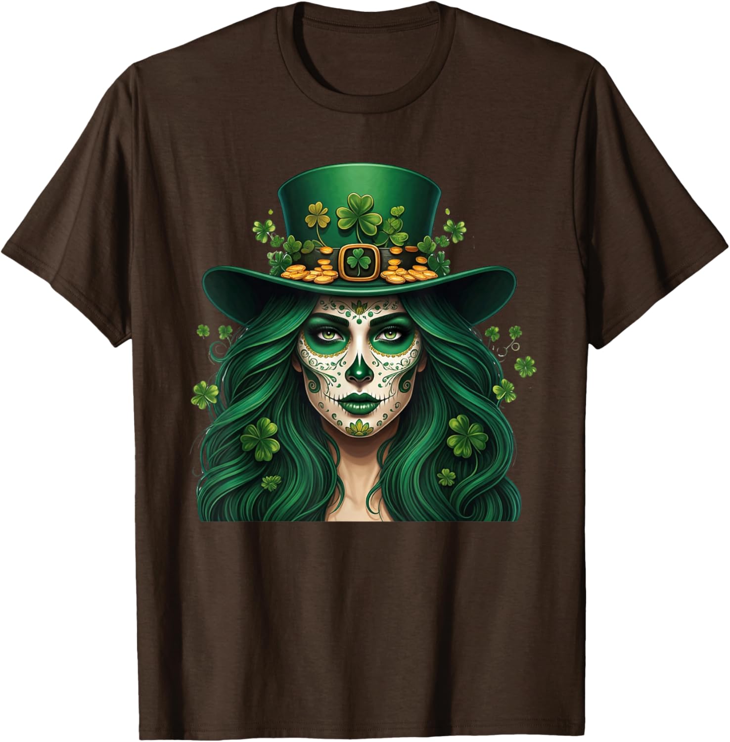 Cute Sugar Skull St Patrick's Day T-Shirt with Shamrock Design for Women - 1