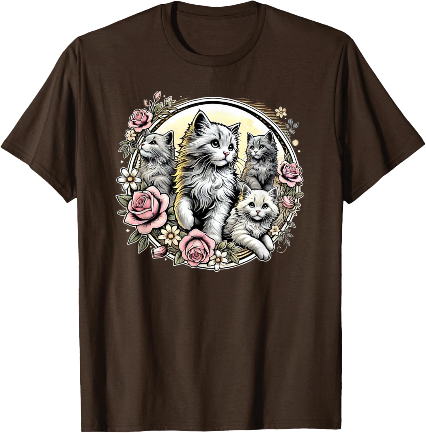 Cute Fluffy Kittens with Vintage Roses T-Shirt for Cat Lovers - 11