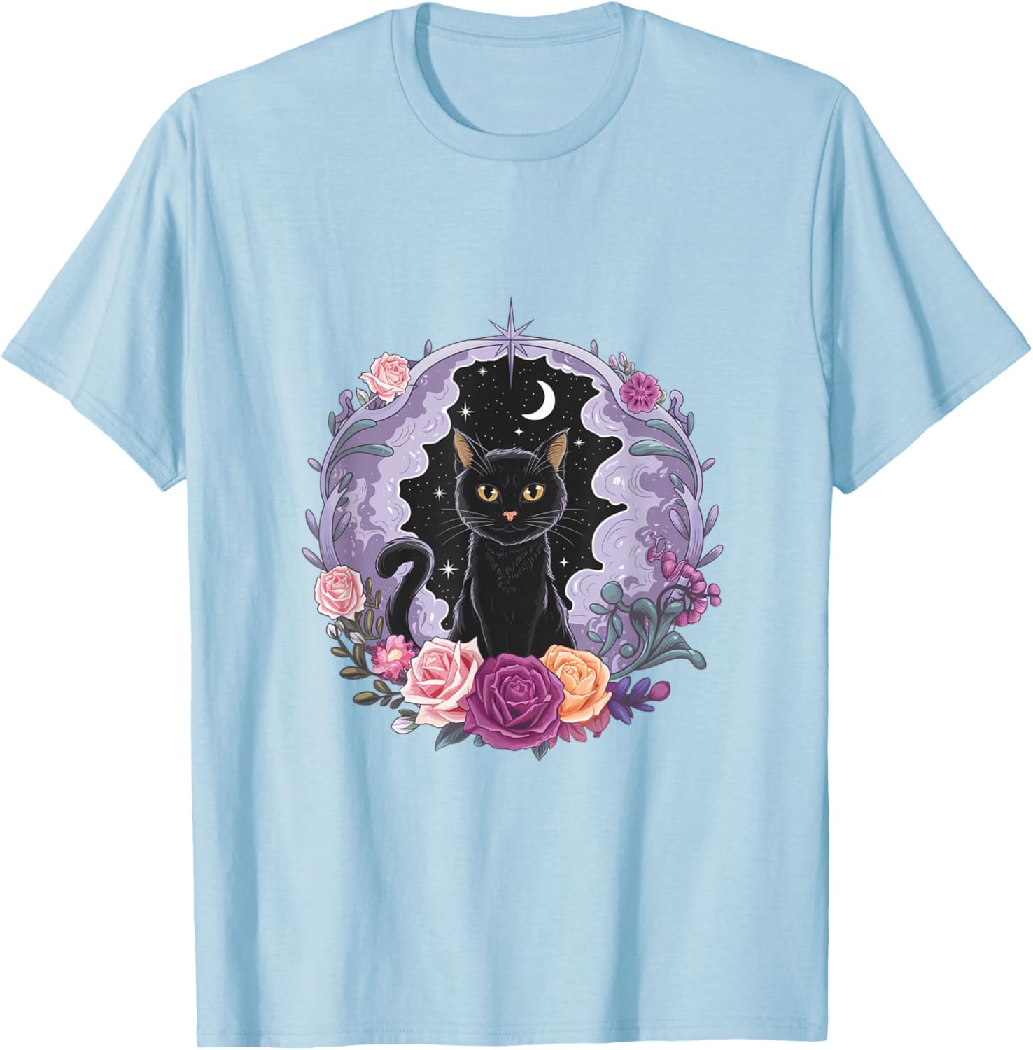Cute Kawaii Purple Gothic T-Shirt with Black Cat and Moon Crystal Design - 7