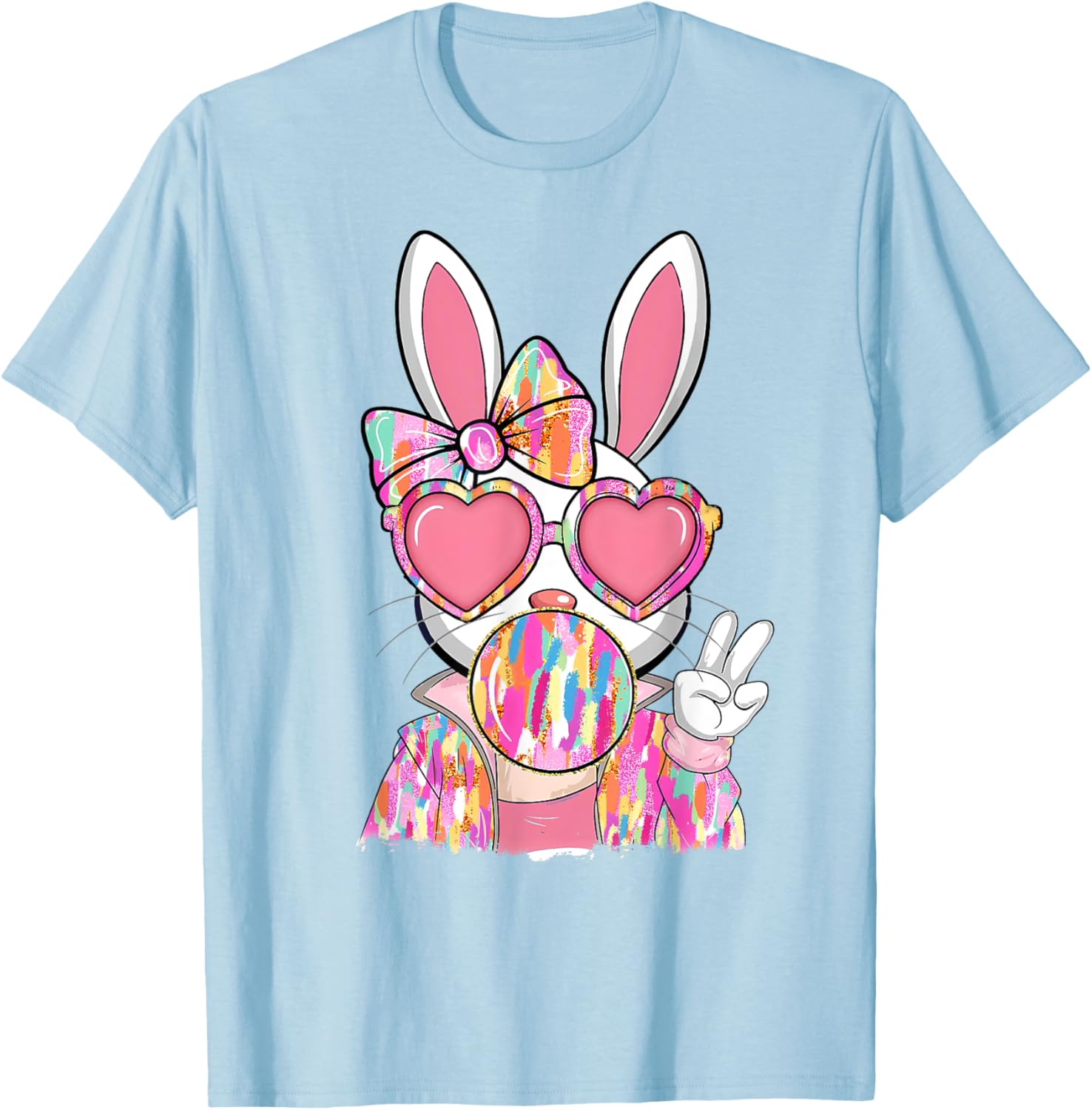 Cute Brushstroke Bunny Blowing Bubble Gum Easter Bow T-Shirt for Kids - 2