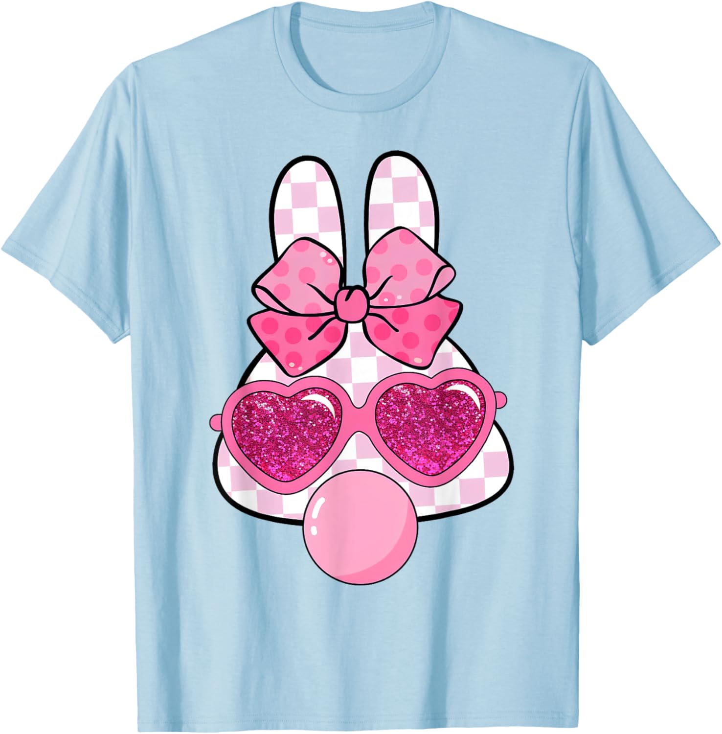 Checkered Bunny with Bubble Gum Coquette Bow Easter T-Shirt for Fun Style - 6